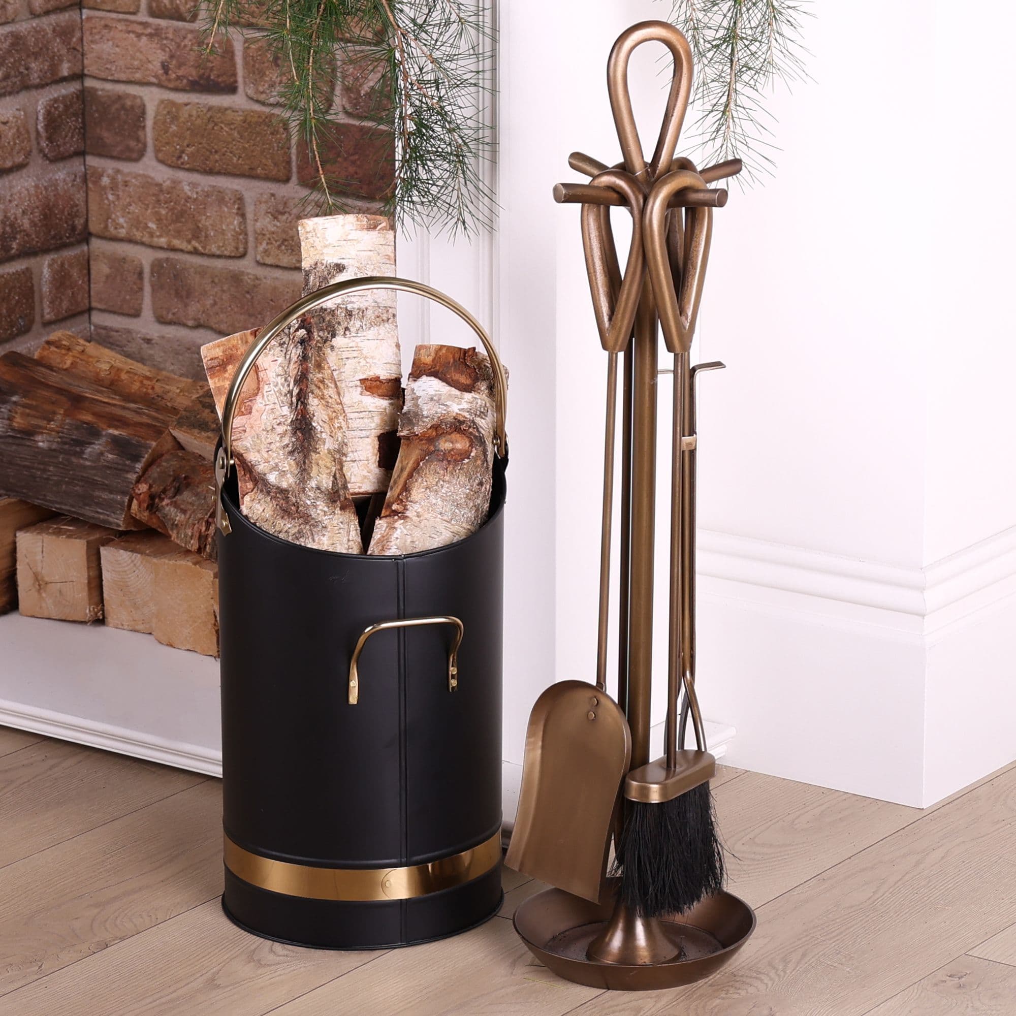 Contemporary Antique Brass Fireside 4pc Freestanding Companion Set Kindling Log Bucket