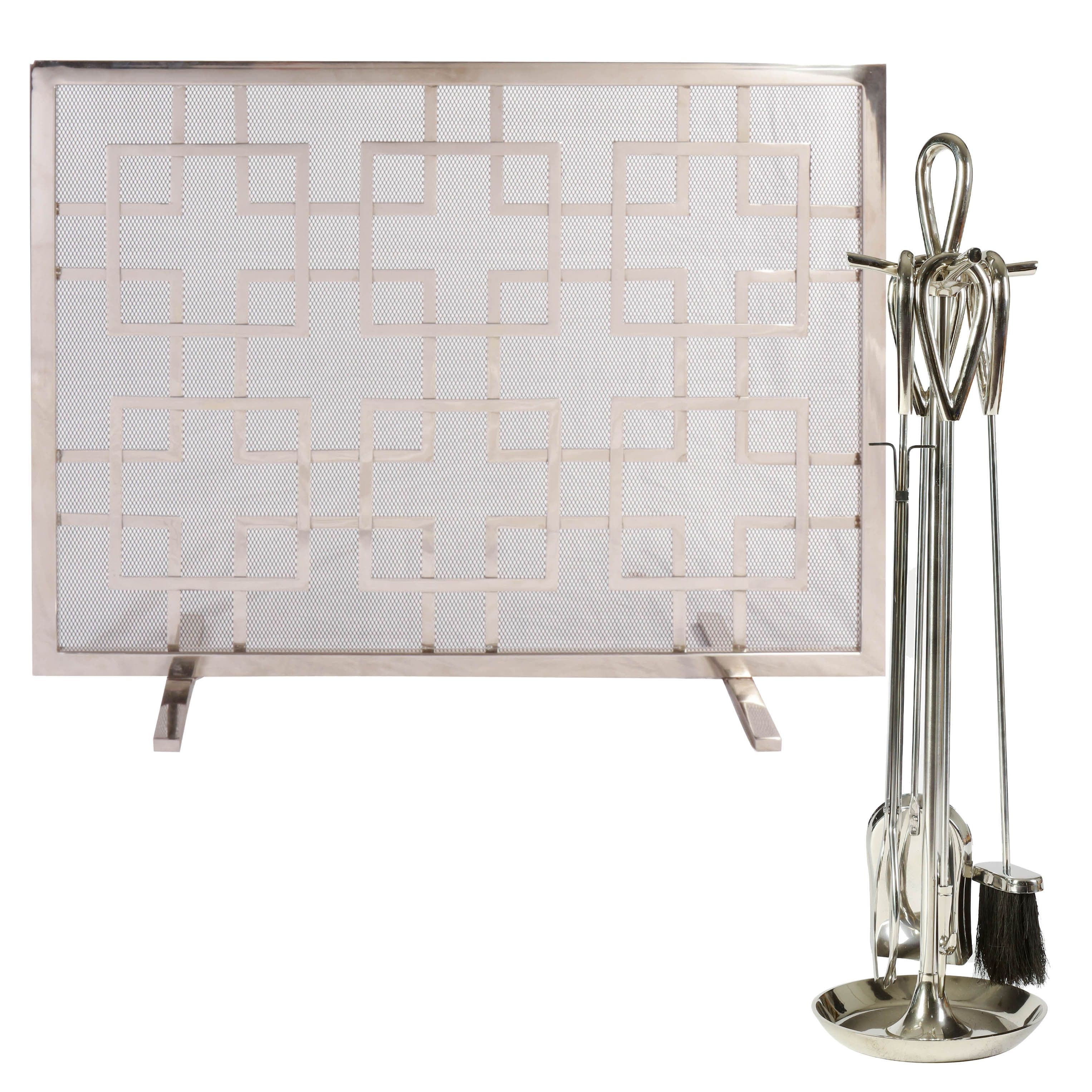 Contemporary Nickel 4pc Freestanding Fireside Companion Set Fire Screen Guard