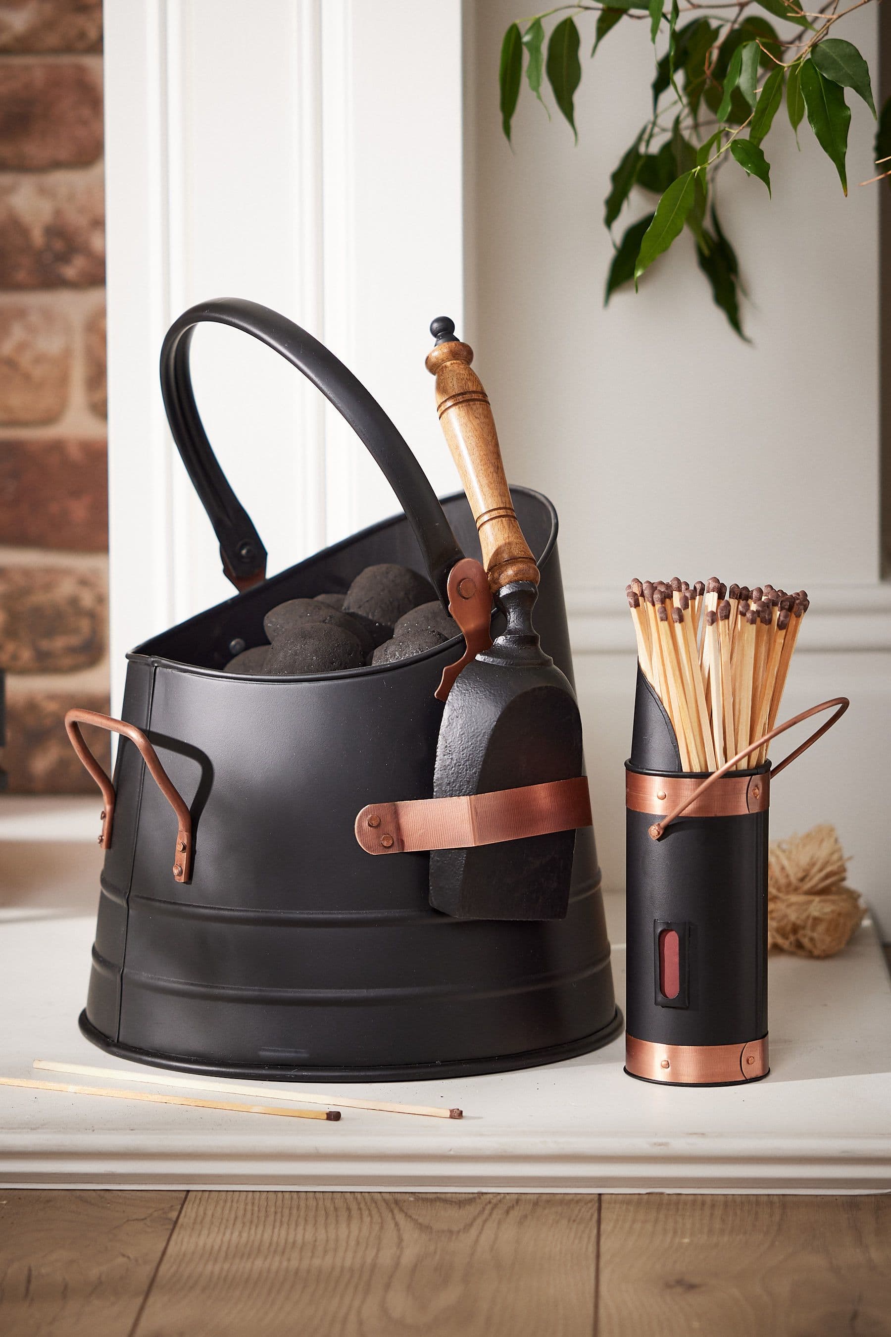 Traditional Copper Fireside Coal Log Storage Bucket Scoop & Matches Canister