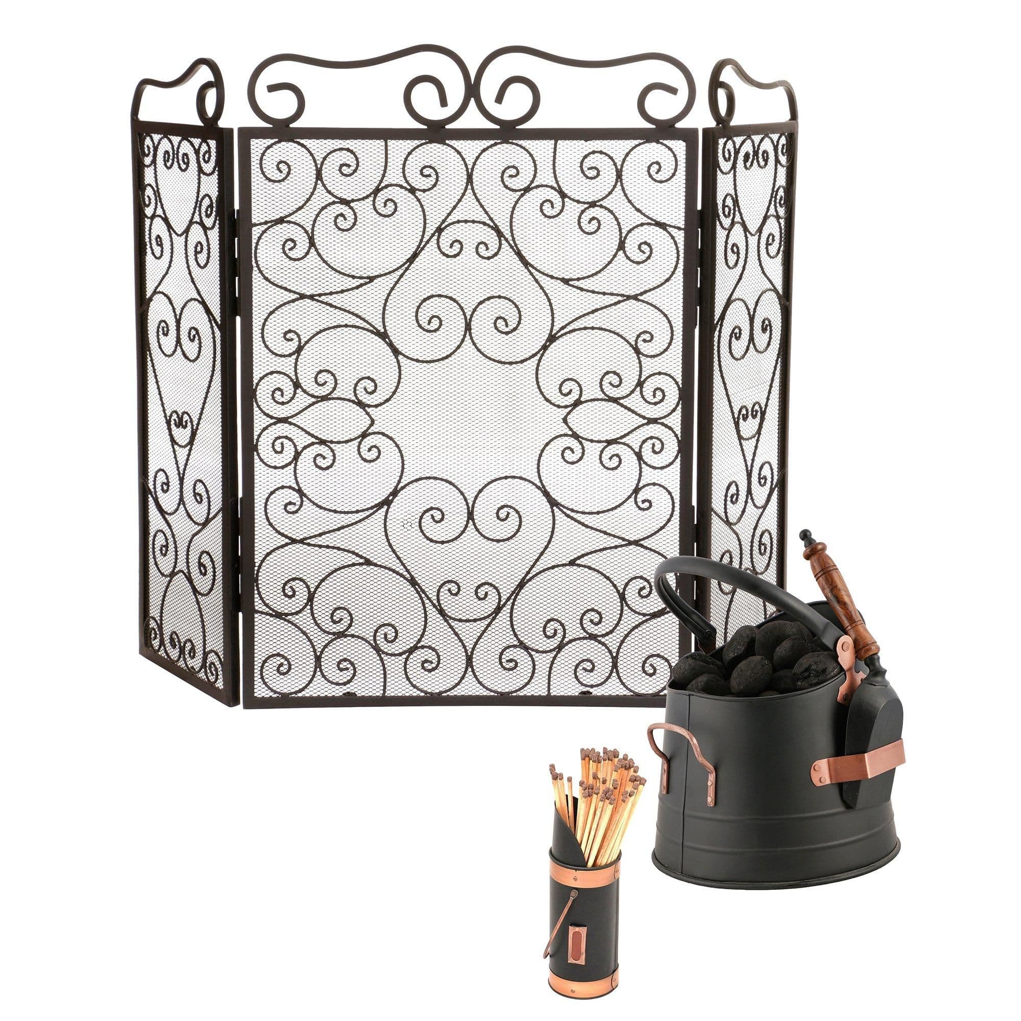 Vintage Style Fire Screen Fire Guard Coal Bucket & Matches Canister
