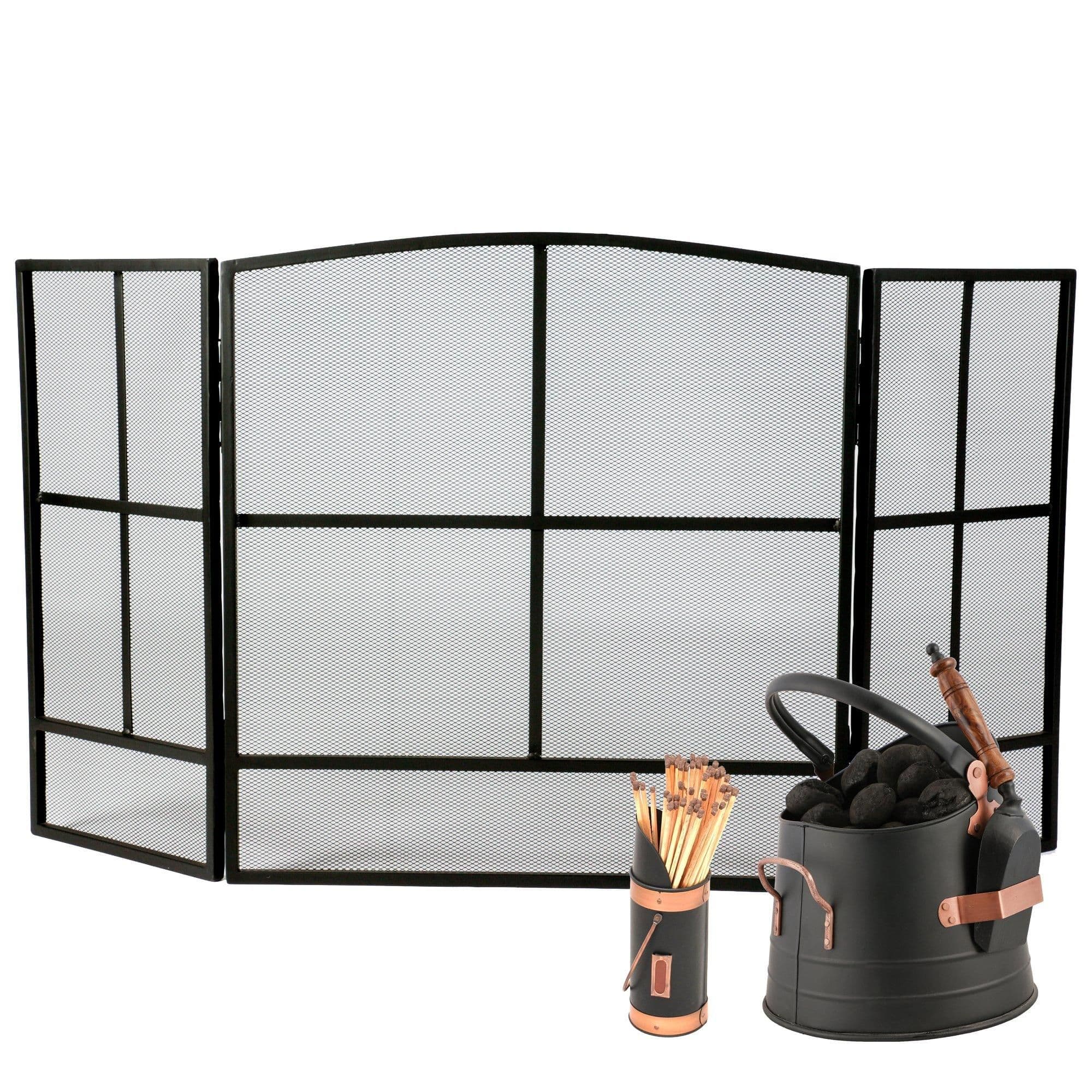 Contemporary Style Fire Screen Guard Coal Bucket & Matches Canister