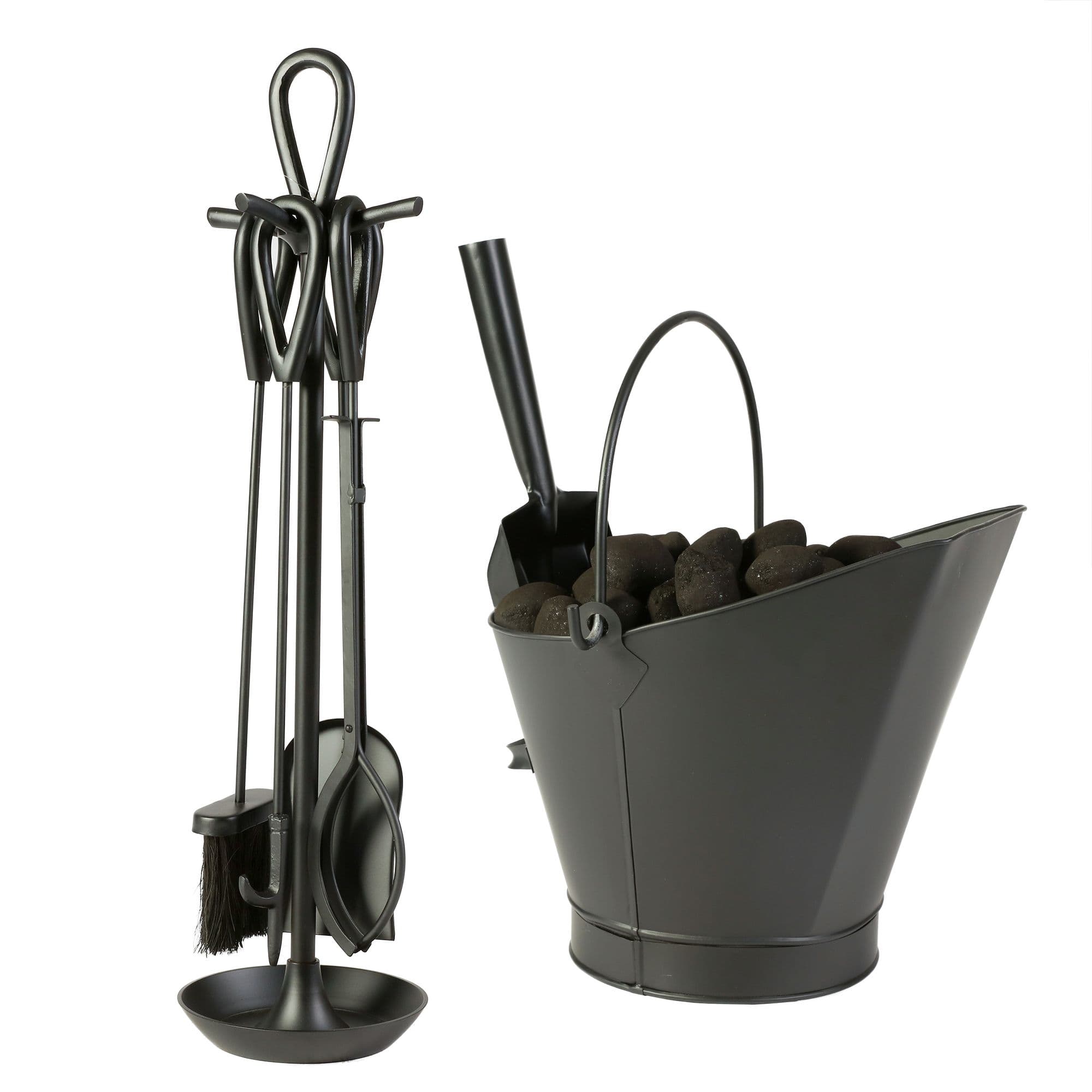 Contemporary Fireside 4pc Freestanding Companion Set 75cm Coal Bucket Scoop