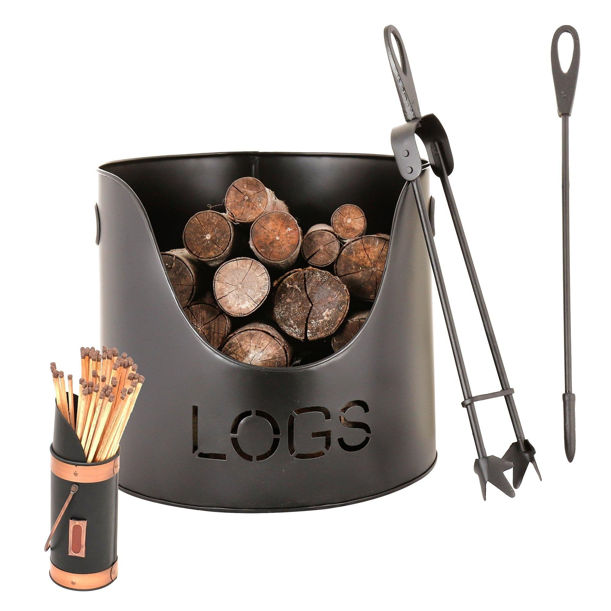 Country Fireside Log Kindling Bucket Matches Canister