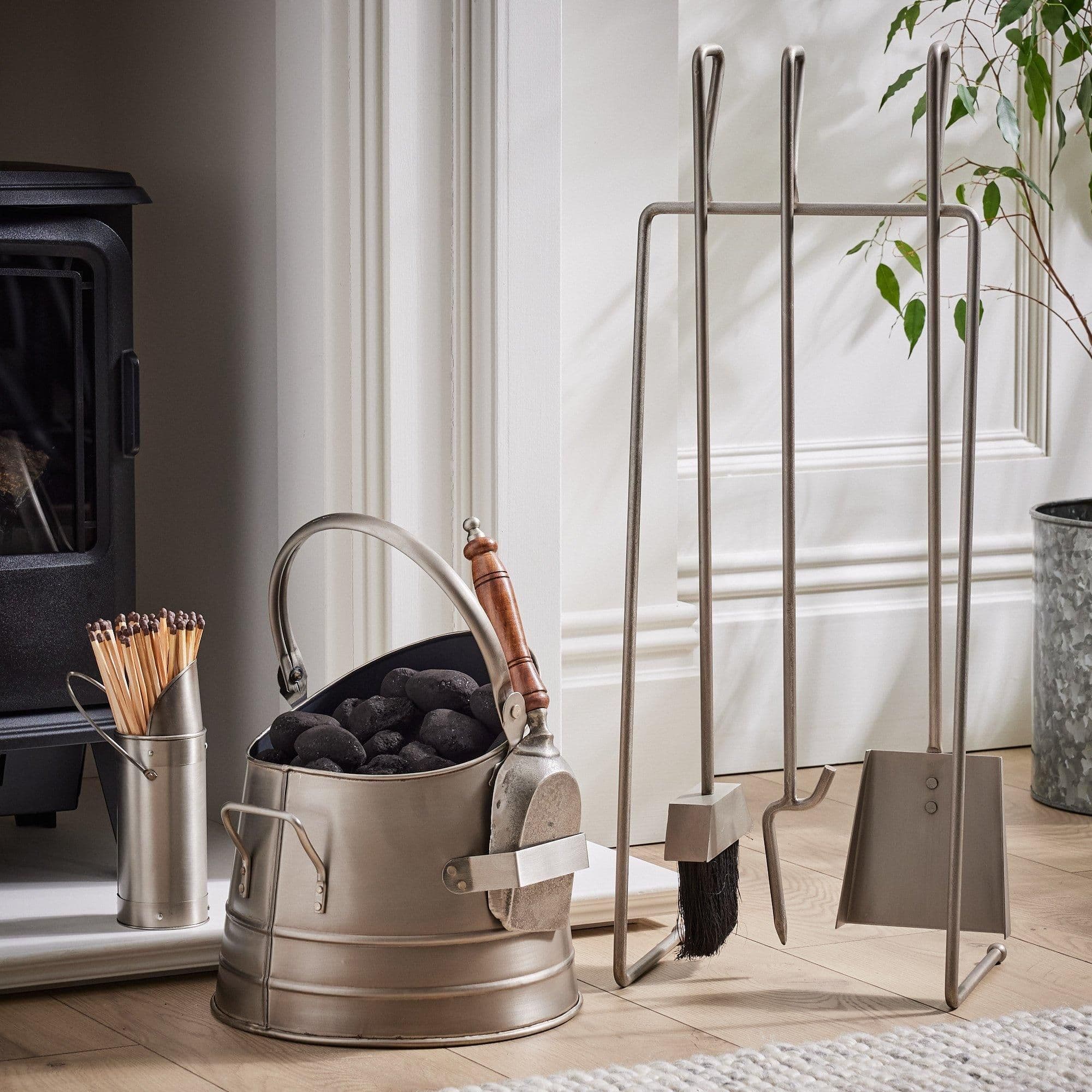 Contemporary Antique Freestanding 3 Tools Fireside Companion Set Coal Bucket Matches Canister