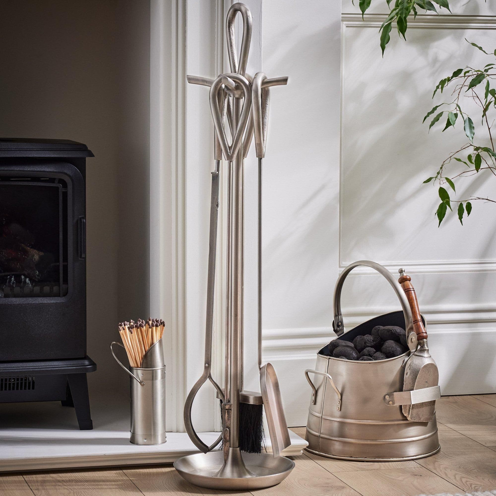 Contemporary 4pc Fireside Companion Set 90cm Coal Bucket Matches Canister