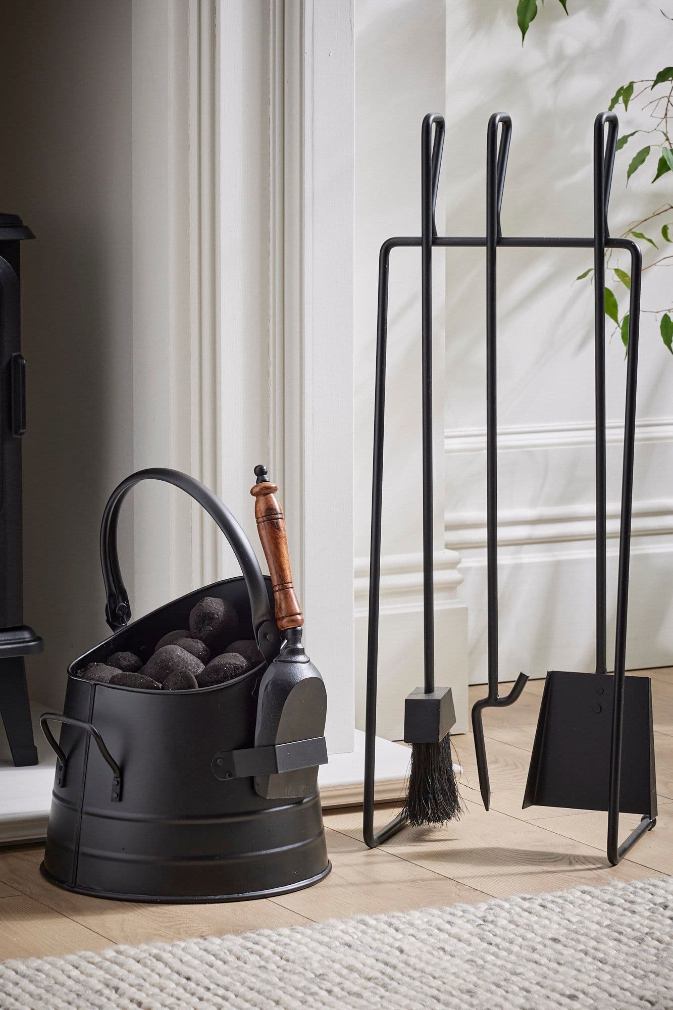 Contemporary Freestanding 3 Tools Fireside Companion Set Log Kindling Bucket