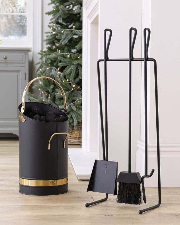 Contemporary Freestanding 3 Tools Fireside Companion Set Kindling Coal & Log Bucket