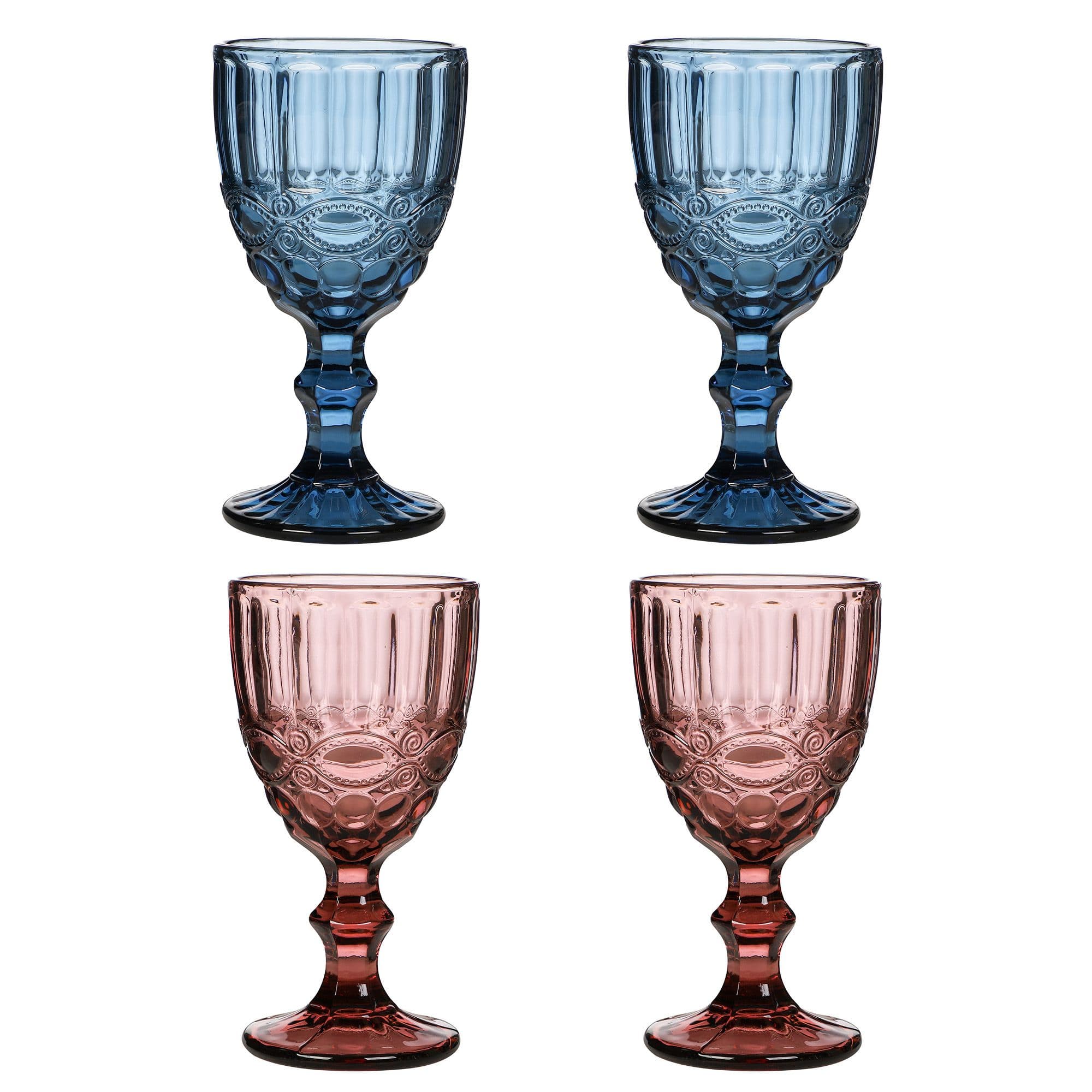 Set 4 Vintage Luxury Sapphire & Rose Quartz Drinking Wine Glass Wine Goblets