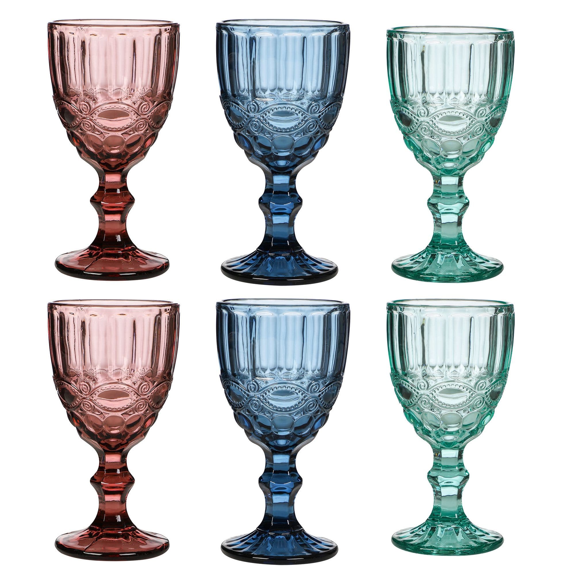 Set 6 Vintage Luxury Sapphire Blue Turquoise & Rose Quartz Drinking Wine Glass Wine Goblets