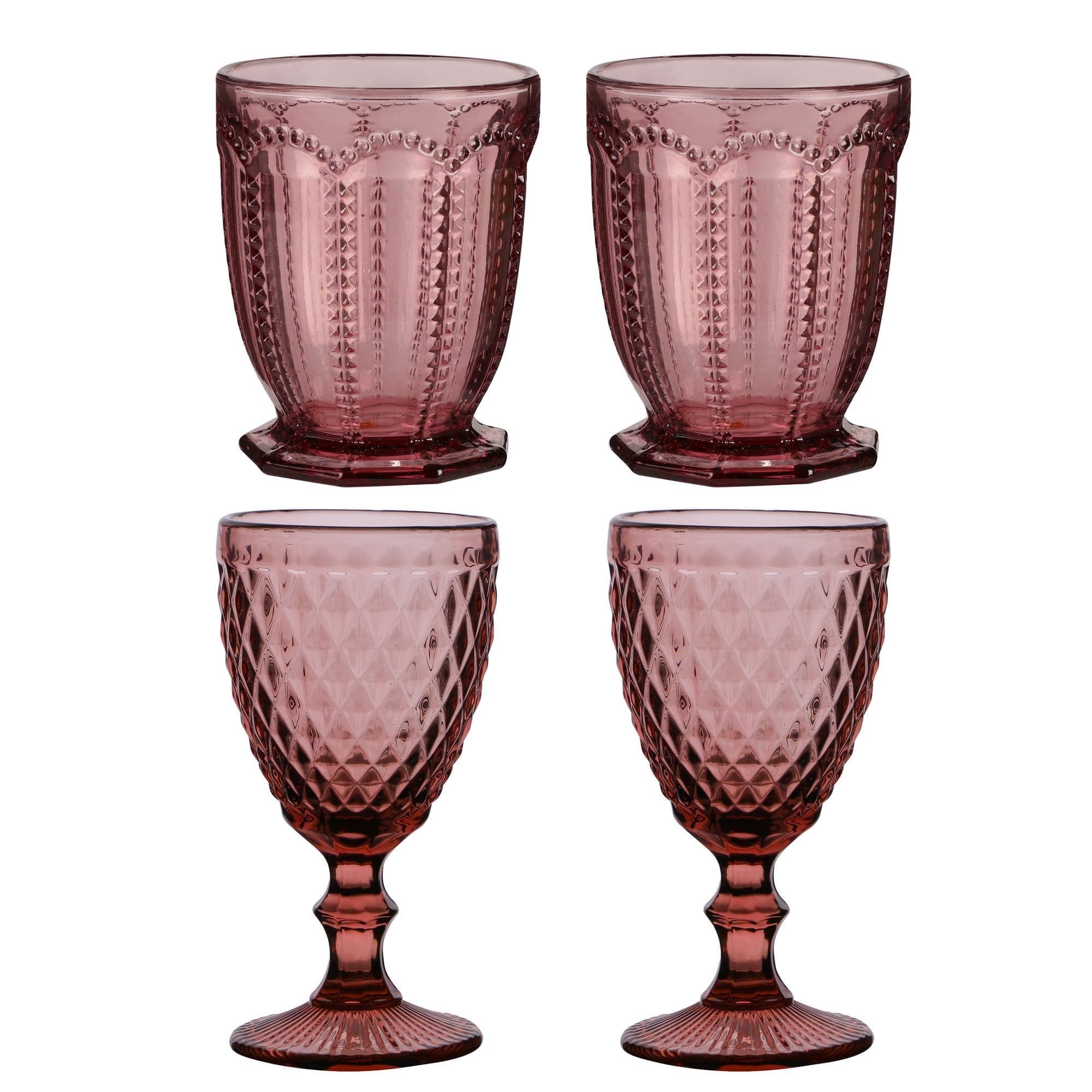 Set 4 Vintage Luxury Embossed Drinking Short Tumbler & Wine Goblets