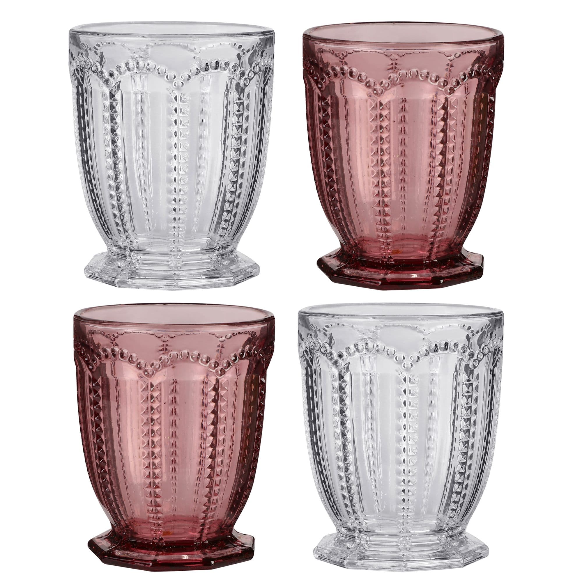 Set 4 Vintage Luxury Clear & Embossed Short Drinking Glass Whiskey Glass Tumblers
