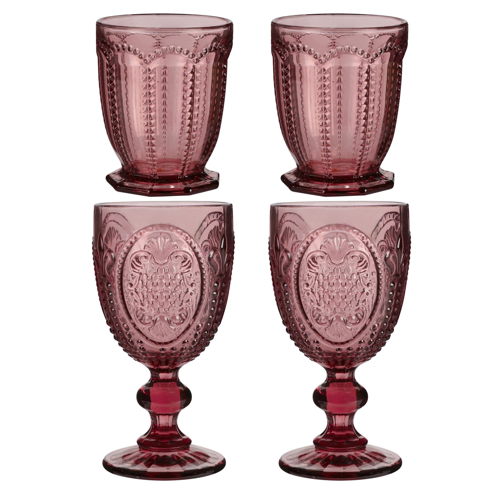 Set 4 Vintage Luxury Embossed Short Tumblers & Drinking Glasse Wine Goblets
