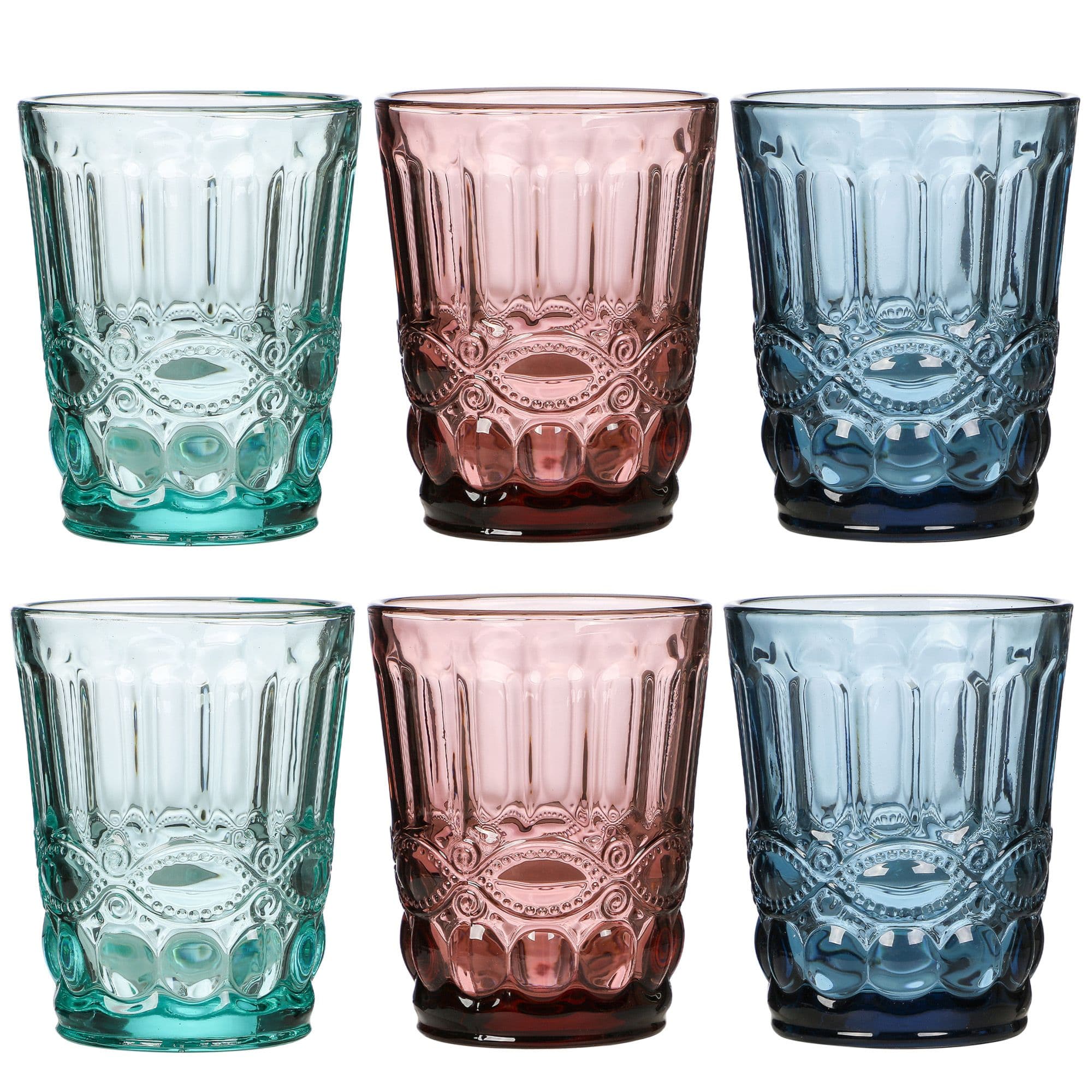 Set 6 Vintage Luxury Blue Green & Pink Drinking Glass Tumblers