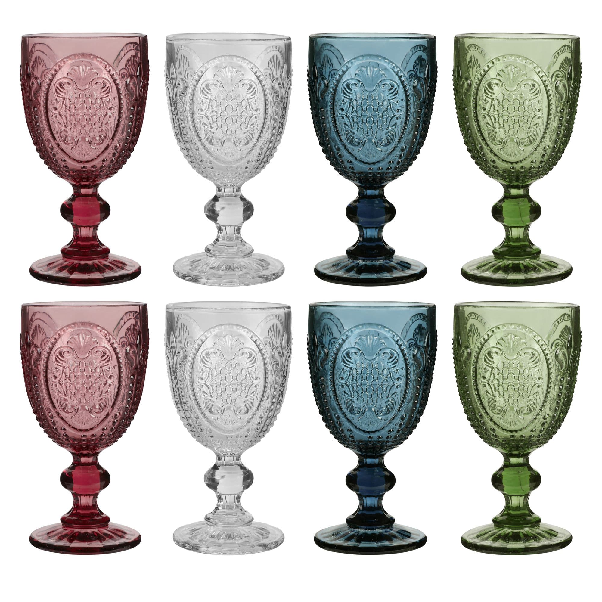 Set 8 Vintage Luxury Mix Match Pink Blue Clear & Green Drinking Wine Glass Wine Goblets