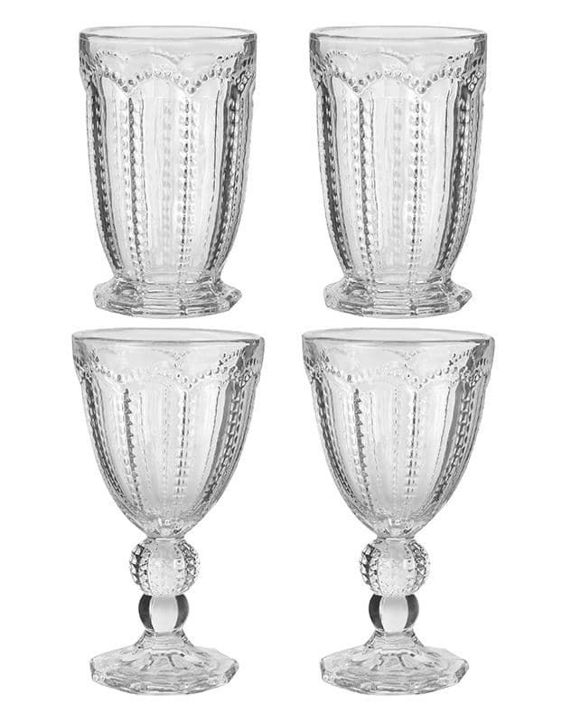 Set 4 Vintage Luxury Drinking Clear Embossed Glass Goblets & Tall Drinking Glass Whiskey Glass Tumblers