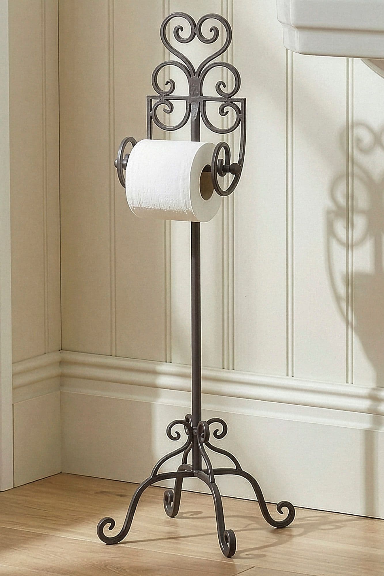 Vintage Style Cast Iron Toilet Roll Holder Ornate Scrolled Antique Freestanding Toilet Paper Dispenser Tissue Stand
