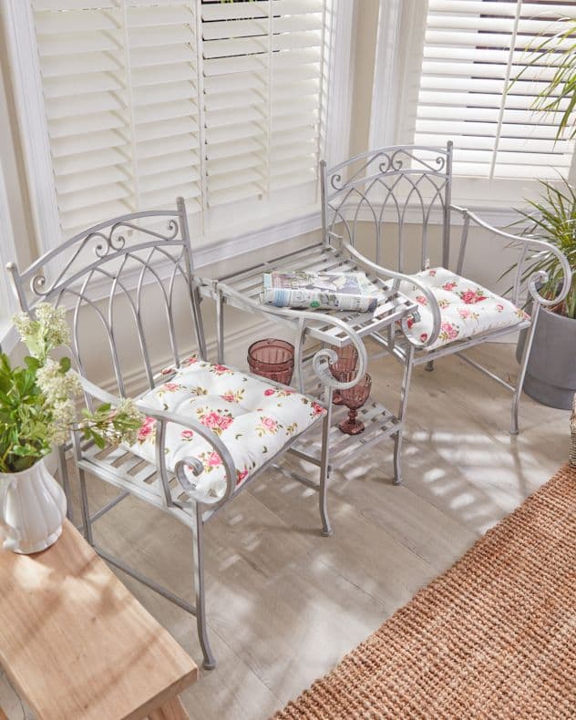 Vintage Grey Arched Outdoor Garden Furniture Companion Seat Bench Free Set 2 Seat Pad Cushions