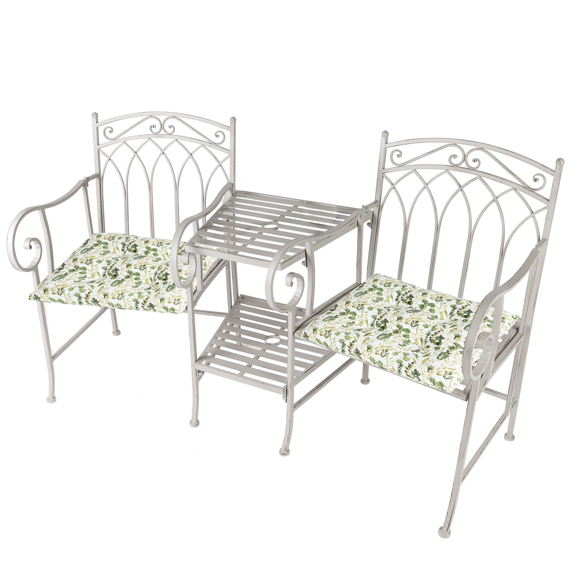 Vintage Grey Arched Outdoor Garden Furniture Companion Seat Garden Bench Free Set 2 Seat Pad Cushions