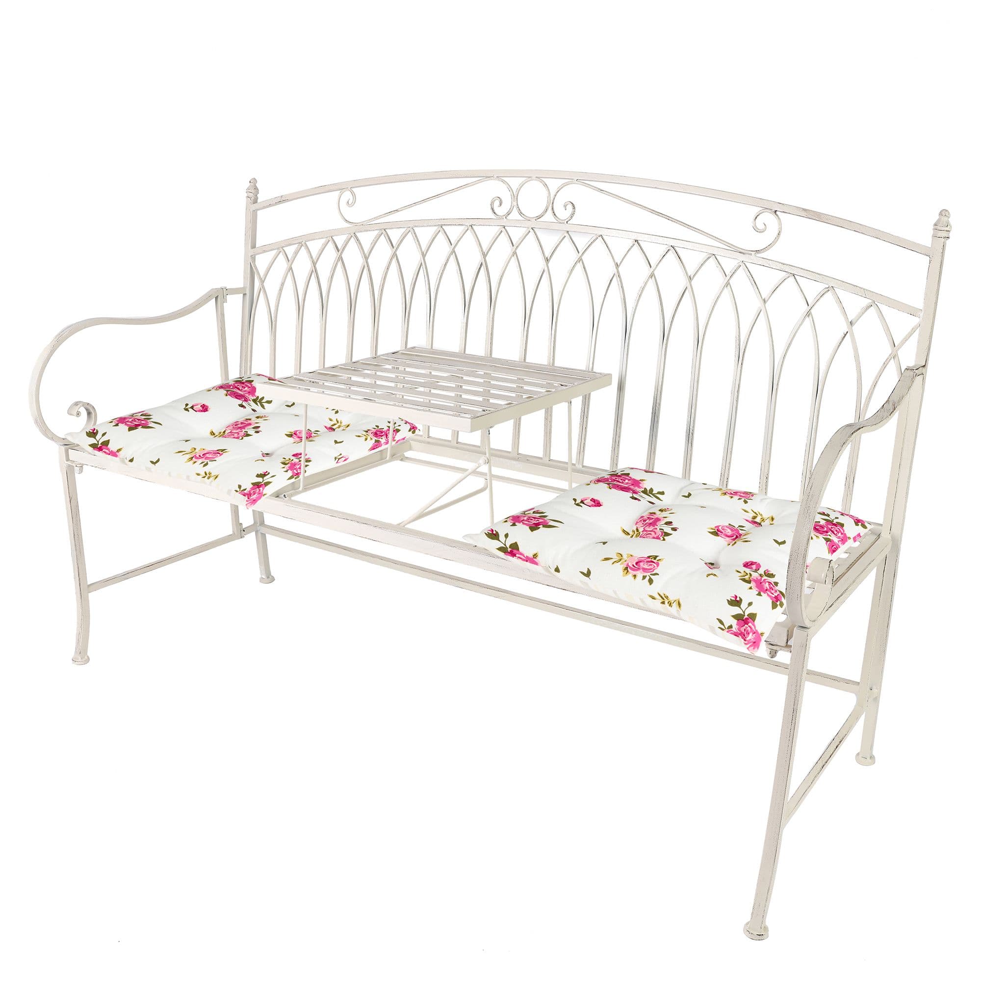 Vintage Large Cream Arched Outdoor Garden Furniture Companion Seat Bench Free Set 2 Seat Pad Cushions