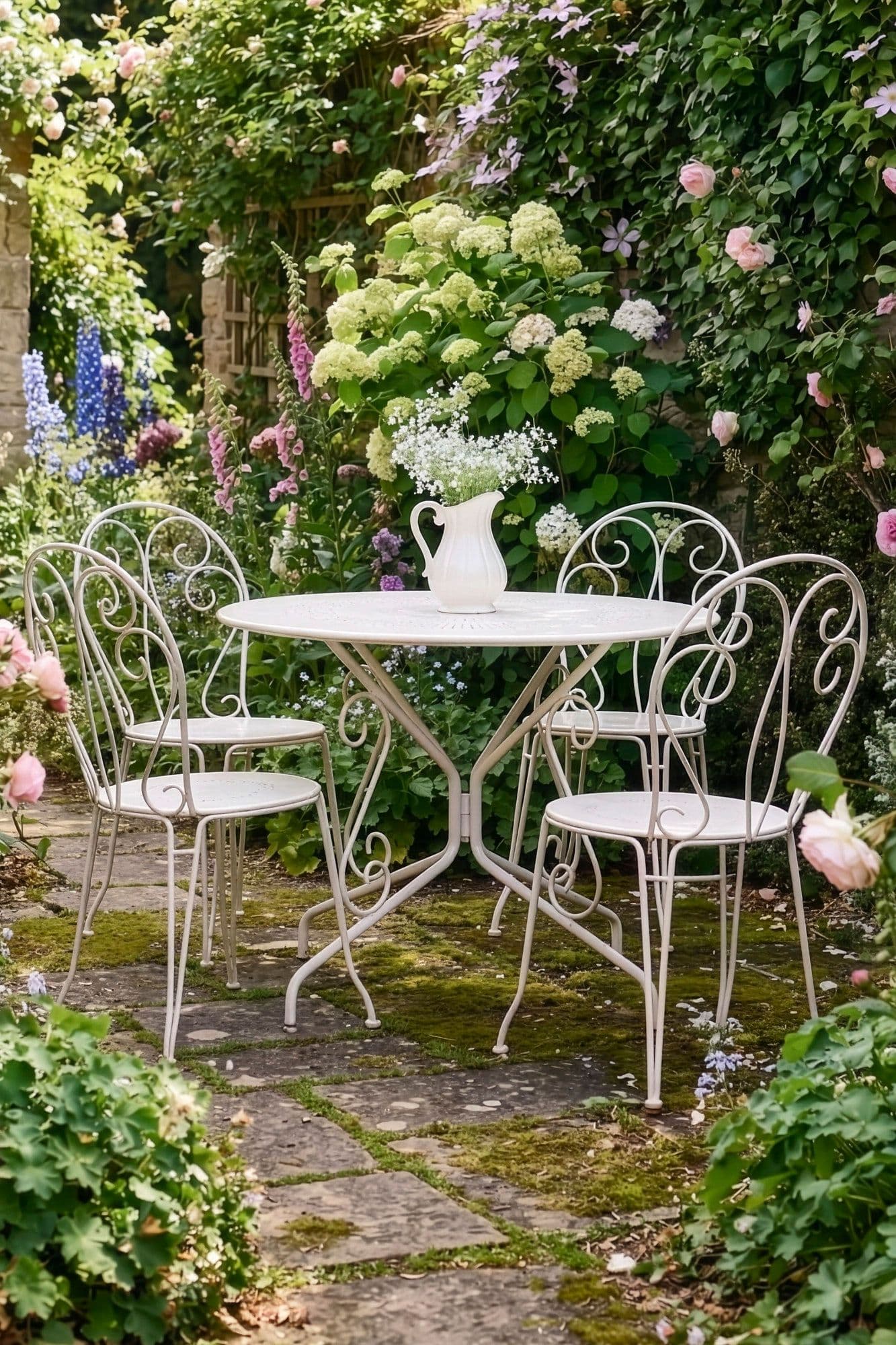 Traditional Style Four Person Indoor Outdoor Garden Iron Bistro Table Chairs Set