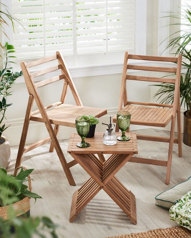 Wooden 3pc Bistro Set Teak Slatted Wooden Folding Outdoor Garden Dining Furniture 2 Dining Chairs & Coffee Table