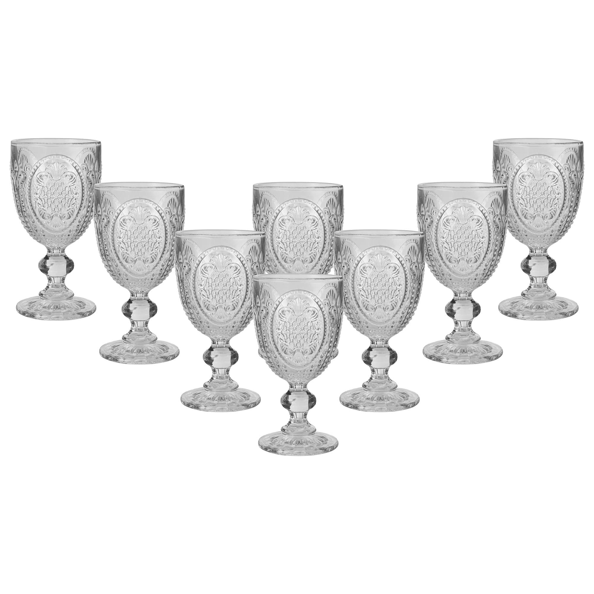 Set 8 Vintage Luxury Clear Embossed Drinking Goblet Glasses