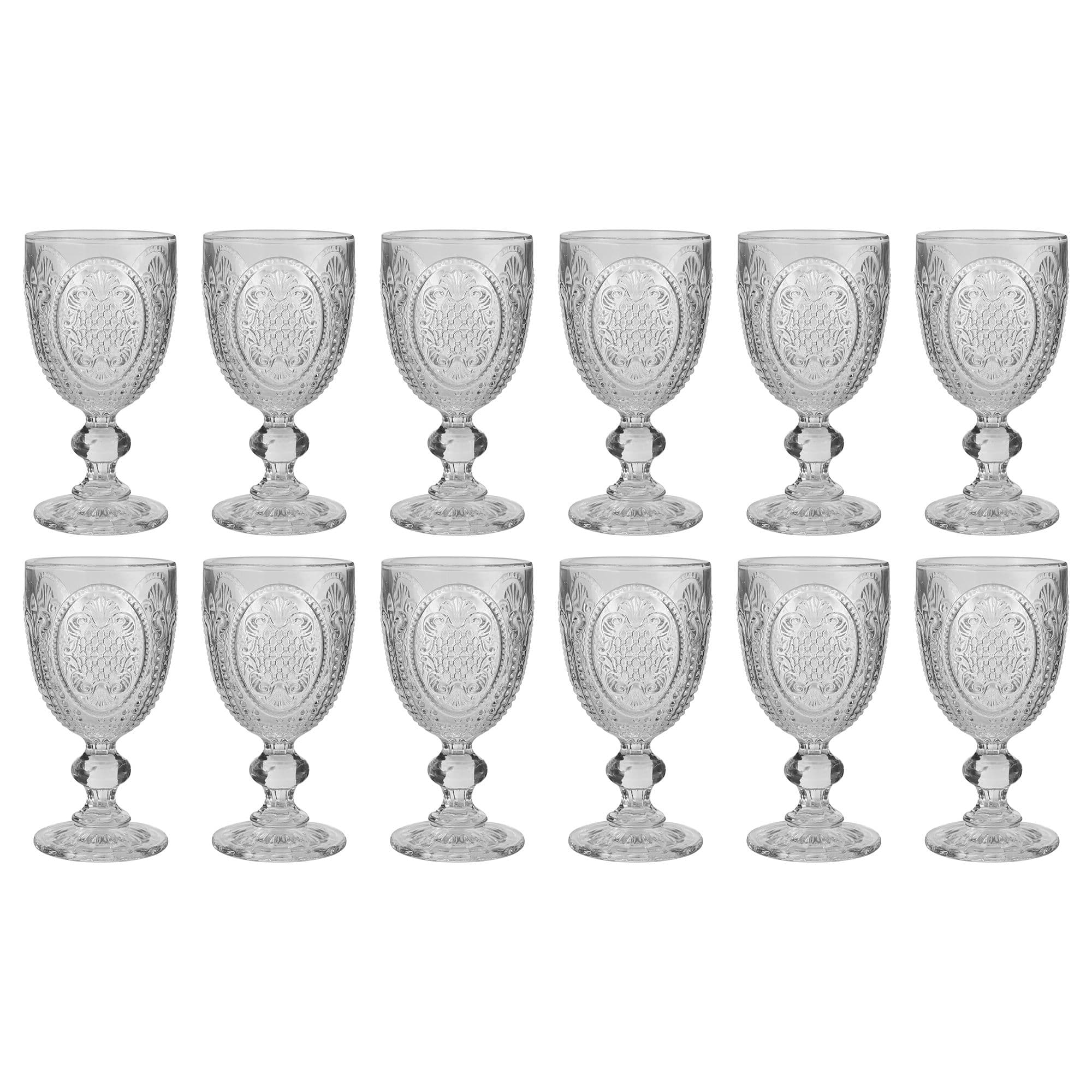 Set 12 Vintage Luxury Clear Embossed Drinking Goblet Glasses