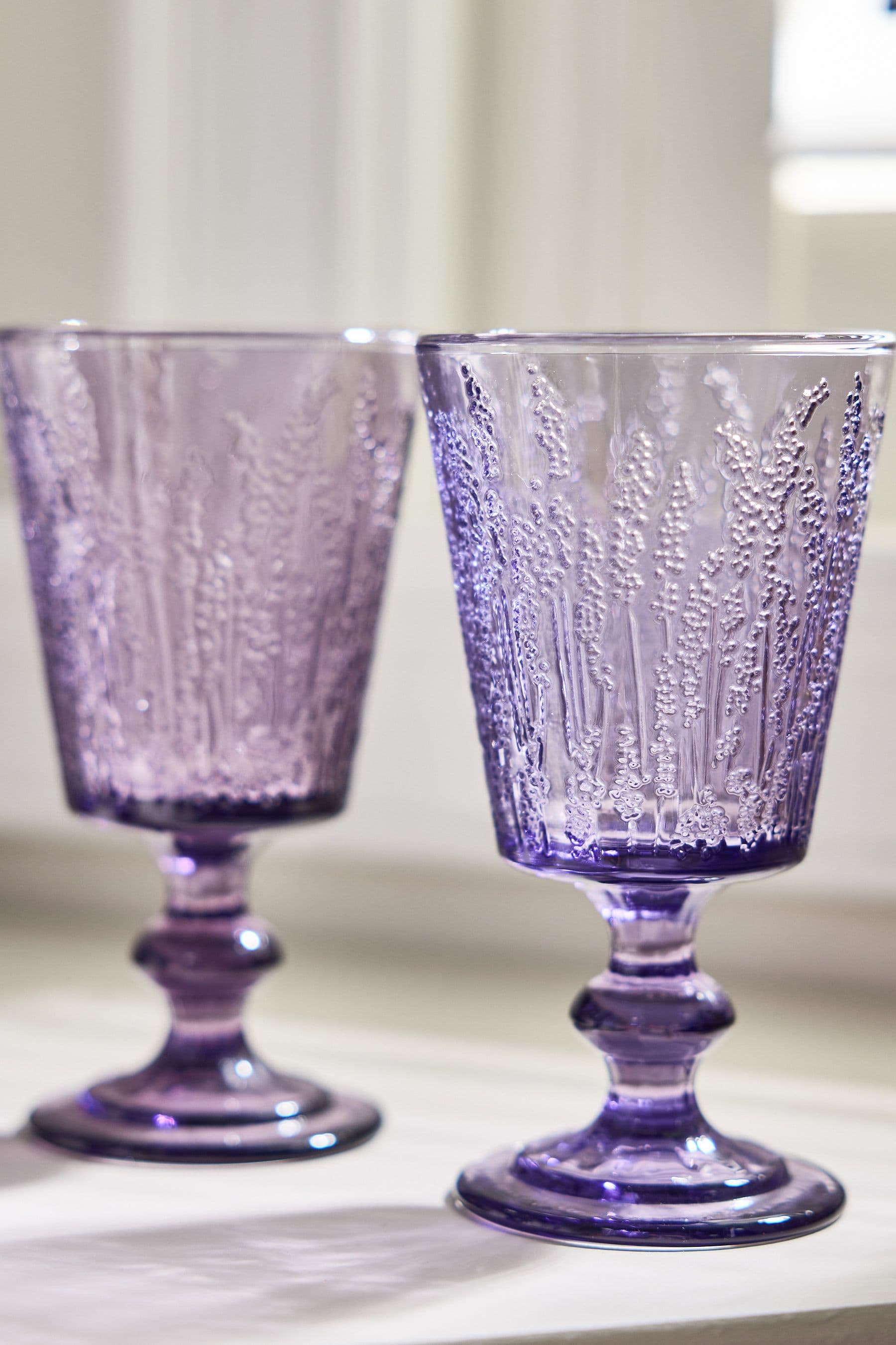 Set 2 Lavender Embossed Drinking Wine Glass Wine Goblets