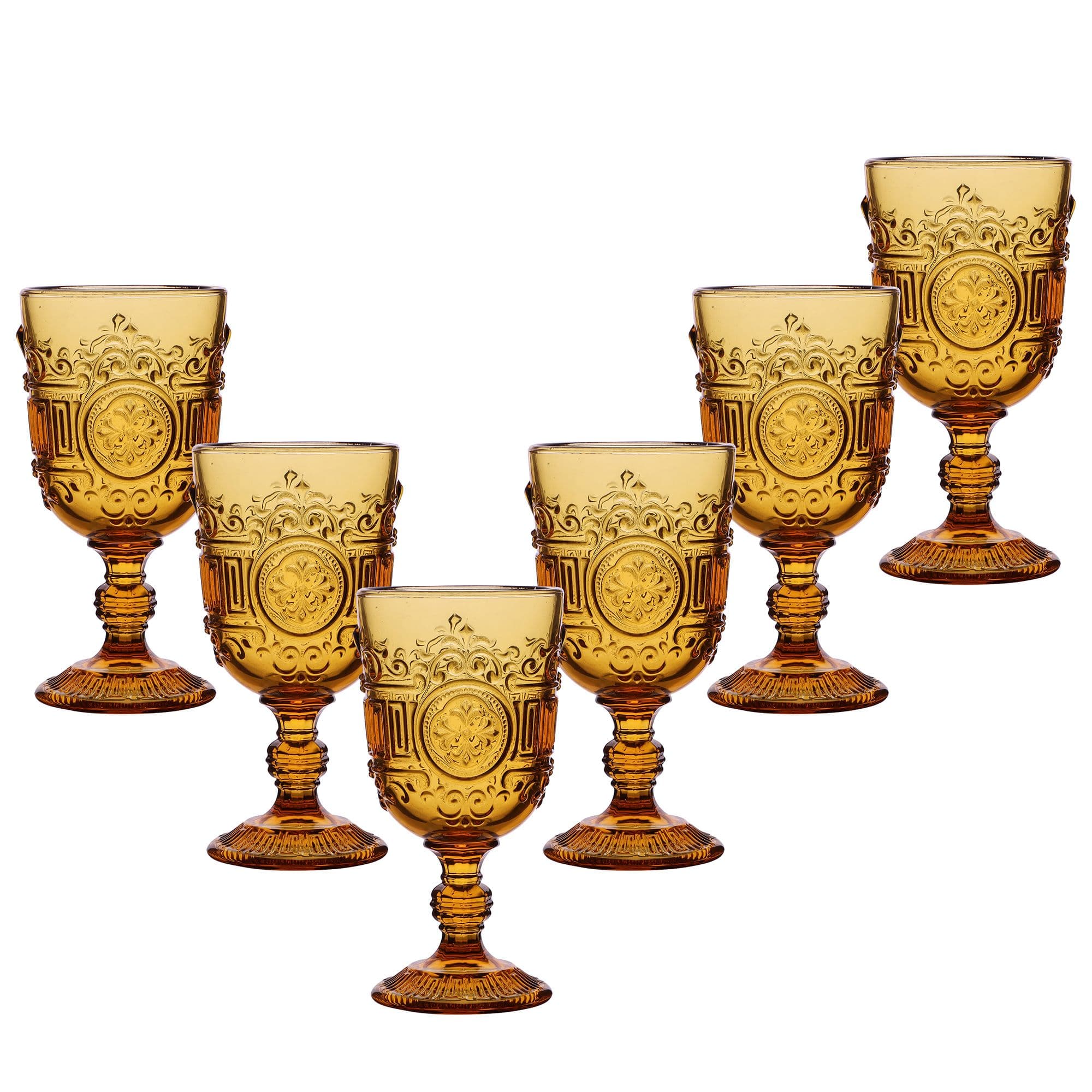 Set 6 Vintage Luxury Amber Embossed Drinking Glass Goblets
