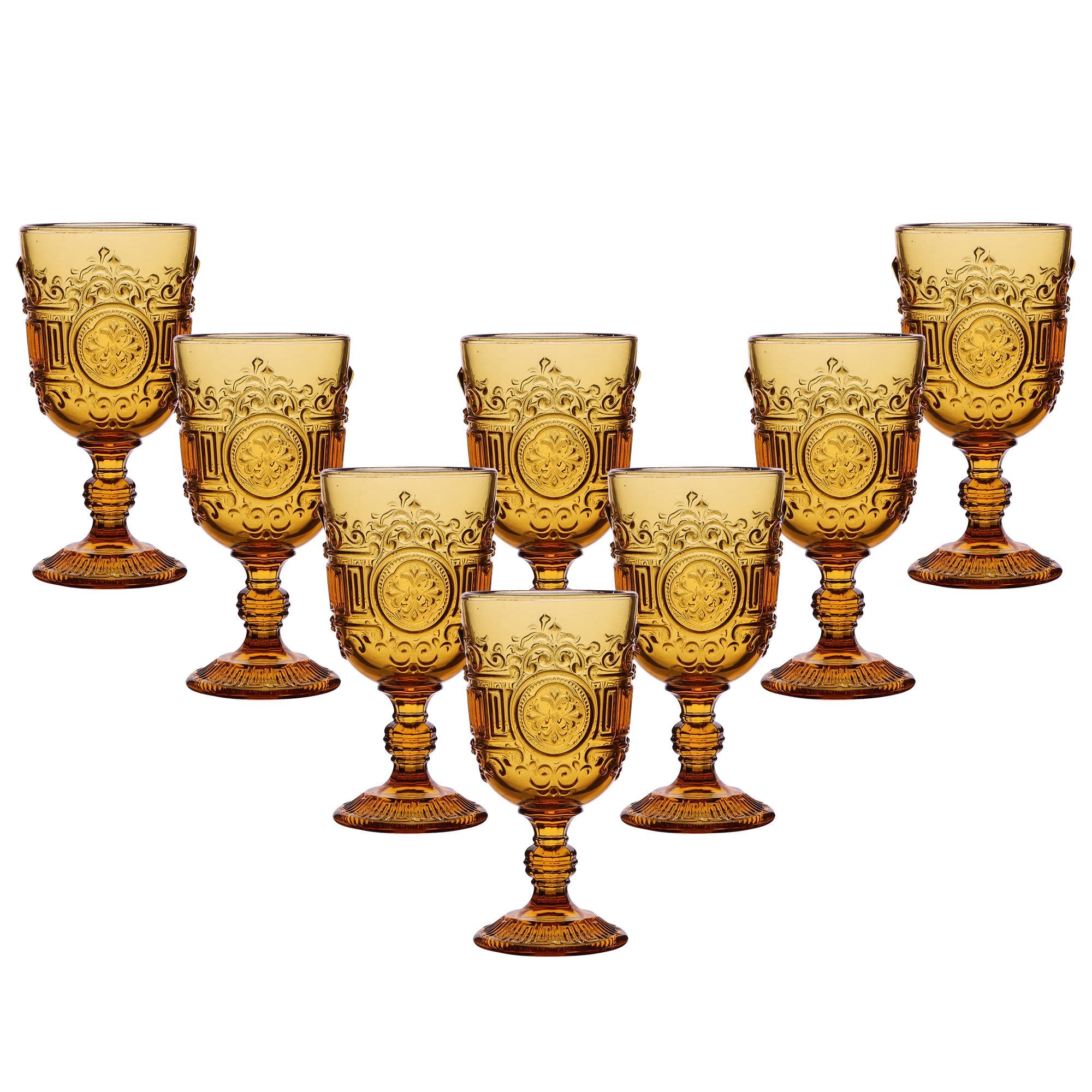 Set 8 Vintage Luxury Amber Embossed Drinking Glass Goblets Gifts Ideas