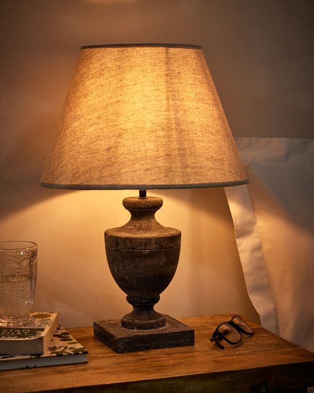French Country Table Lamp E14 Dark Brushed Wood Urn Vase Desk Lamp Linen Shade Bedside Table Night Light Home Office Lamp