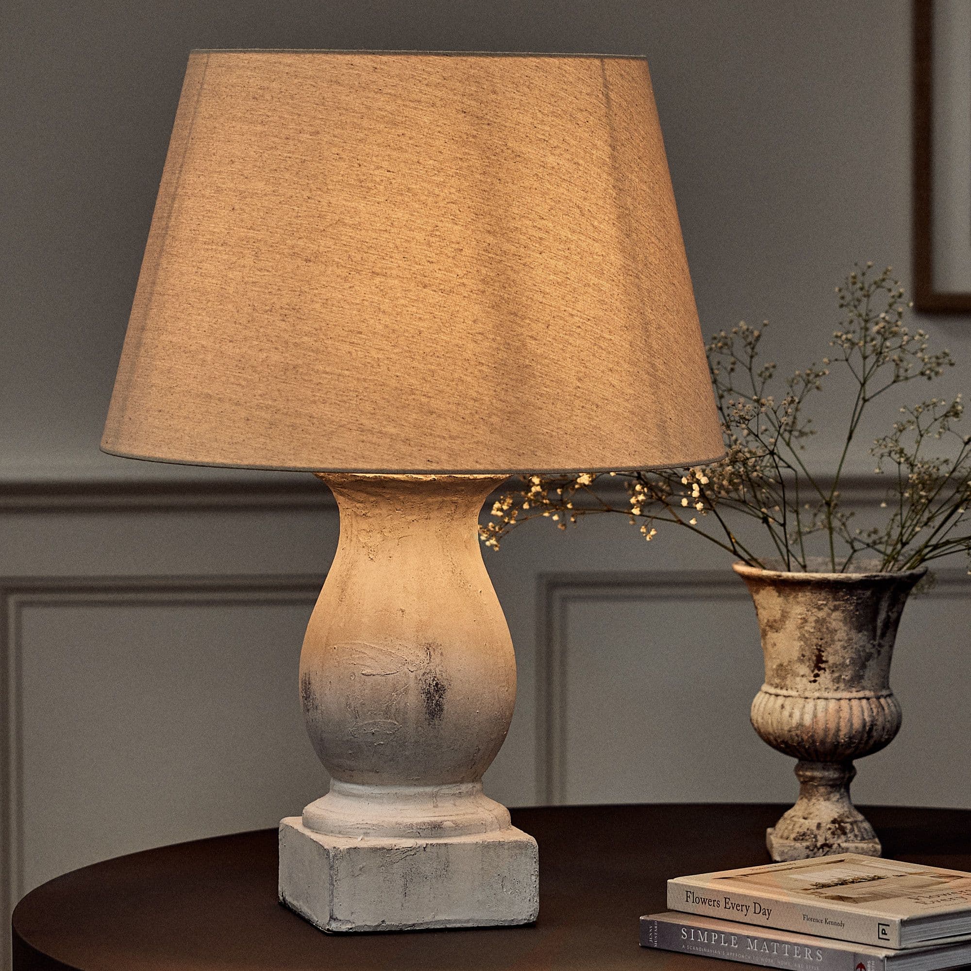 French Country Table Lamp Distressed Effect Ceramic Pillar Vase Desk Lamp Linen Shade Bedside Night Light Home Table Lamp