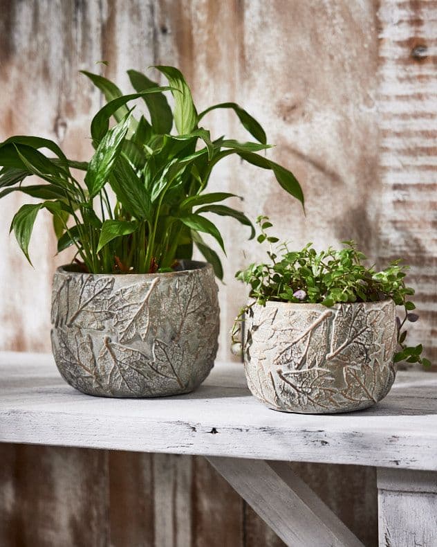 Set 2 Leaf Embossed Small & Large Flower Planter Indoor Outdoor Plant Pot