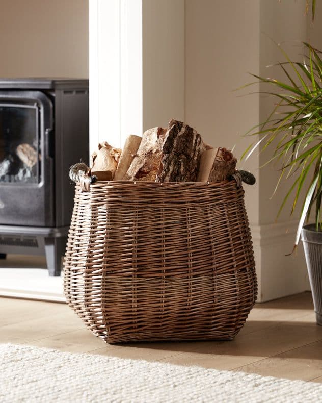 Round Wicker Fireside Kindling Basket Log Cradle Storage Bucket Jute Hessian Lining