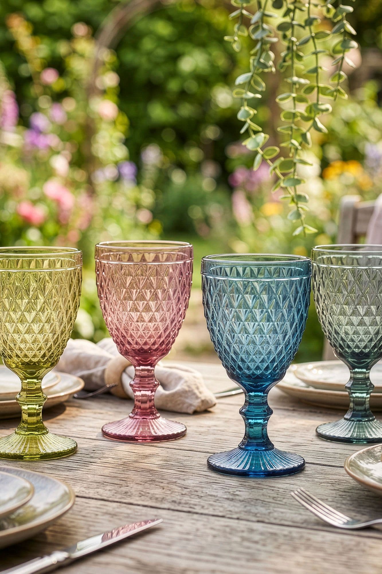 Set 4 Vintage Luxury Assorted Diamond Embossed Glass Goblets