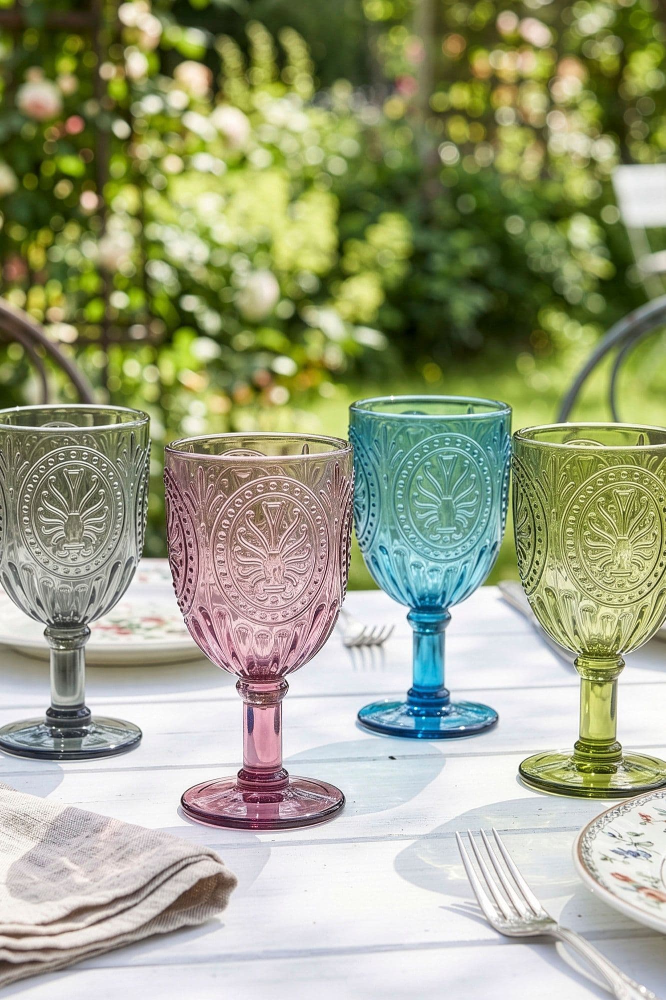Set 4 Vintage Luxury Mix Match Embossed Drinking Glass Goblets