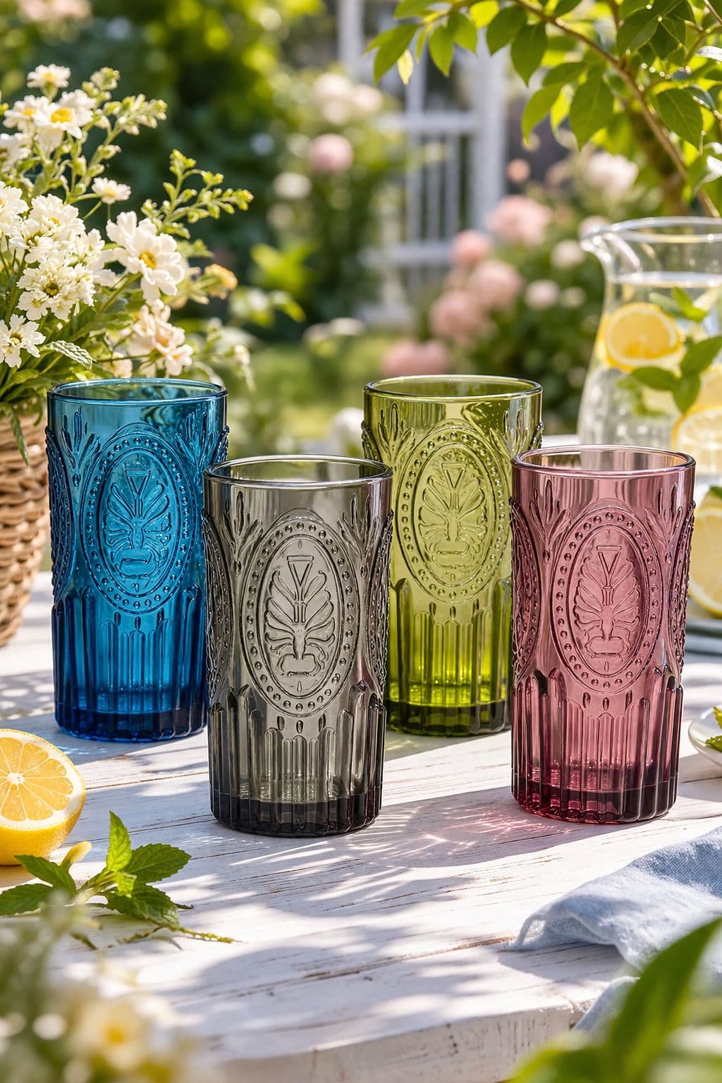 Set 4 Vintage Luxury Mix Match Embossed Highball Drinking Glass Tumblers