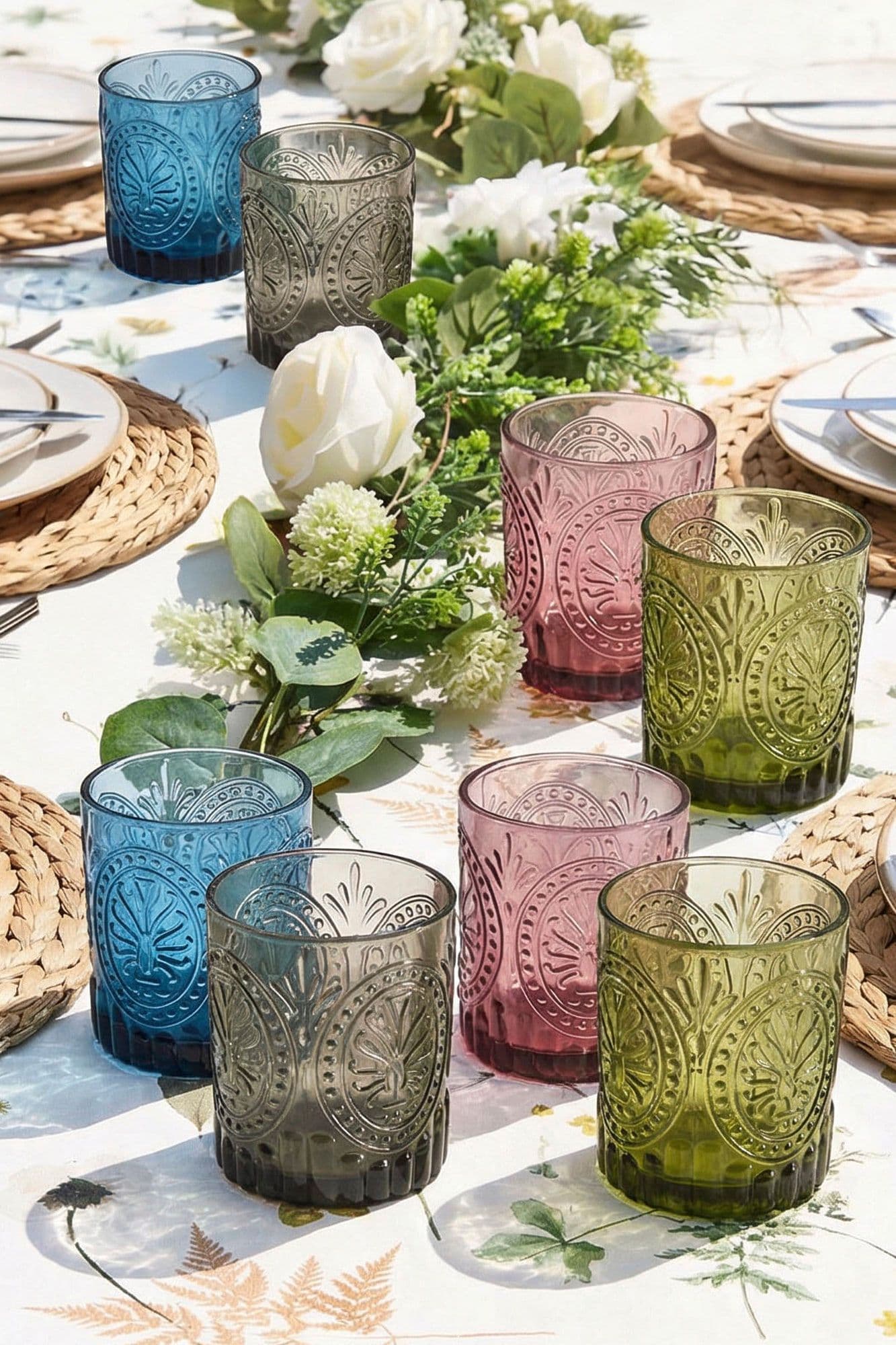 Set 4 Vintage Luxury Mix Match Embossed Short Drinking Glass Tumblers