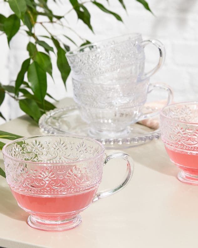 Set 2 Vintage Style Embossed Footed Coffee Mug Tea Cups