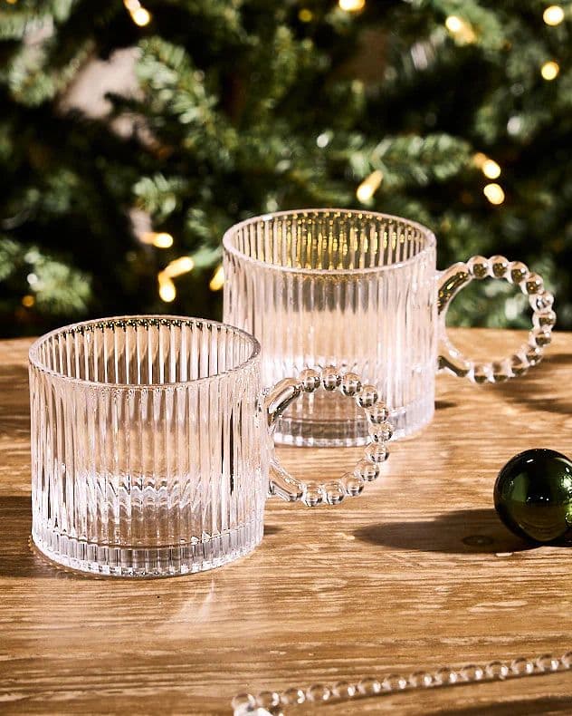 Set 2 Bella Perle Ribbed Glass Coffee Mug Tea Cups
