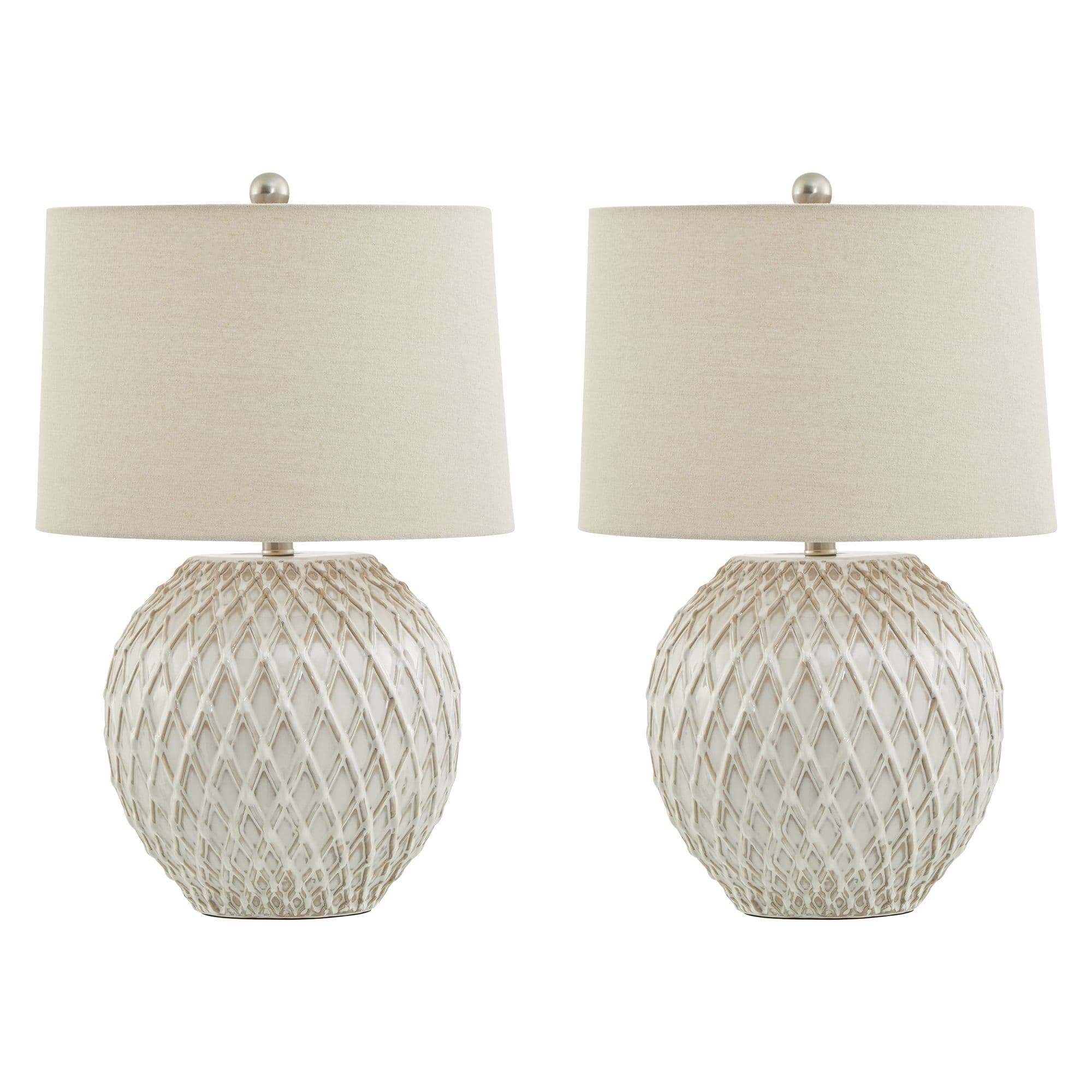 Set 2 Diamond Relief Ceramic French Country Style Table Lamp Linen Shade Bedside Table Night Light Home Table Lamp