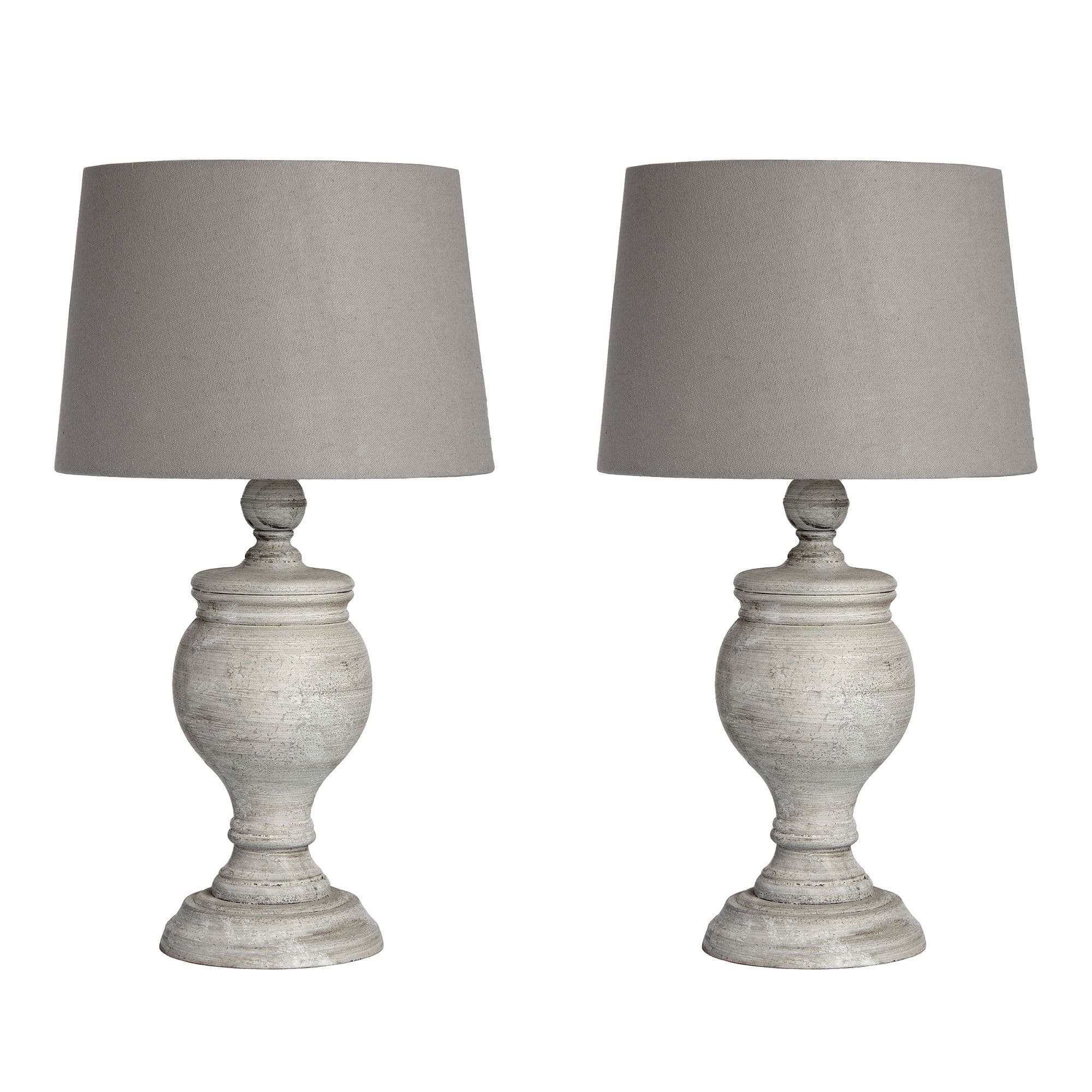 Set 2 French Country Brushed Wood Urn Vase Pillar Table Lamp Linen Shade Bedside Night Light Home Office Table Lamp