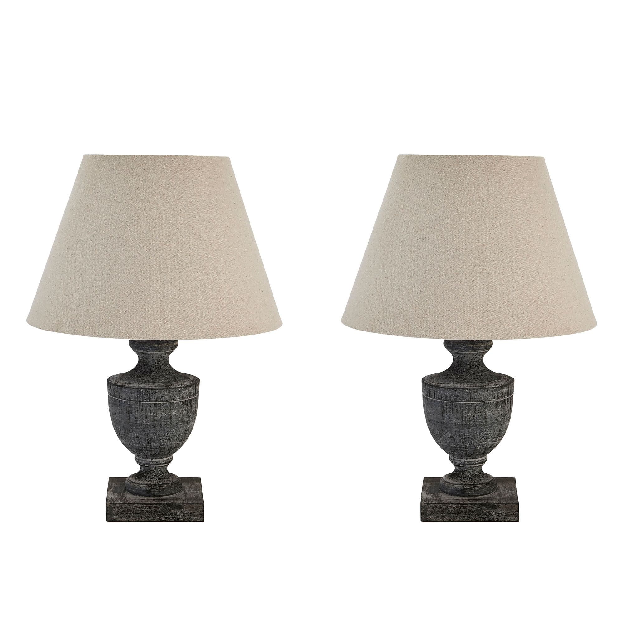 Set 2 French Country Dark Brushed Wood Urn Vase Table Lamp Linen Shade Bedside Table Night Light Home Office Lamp