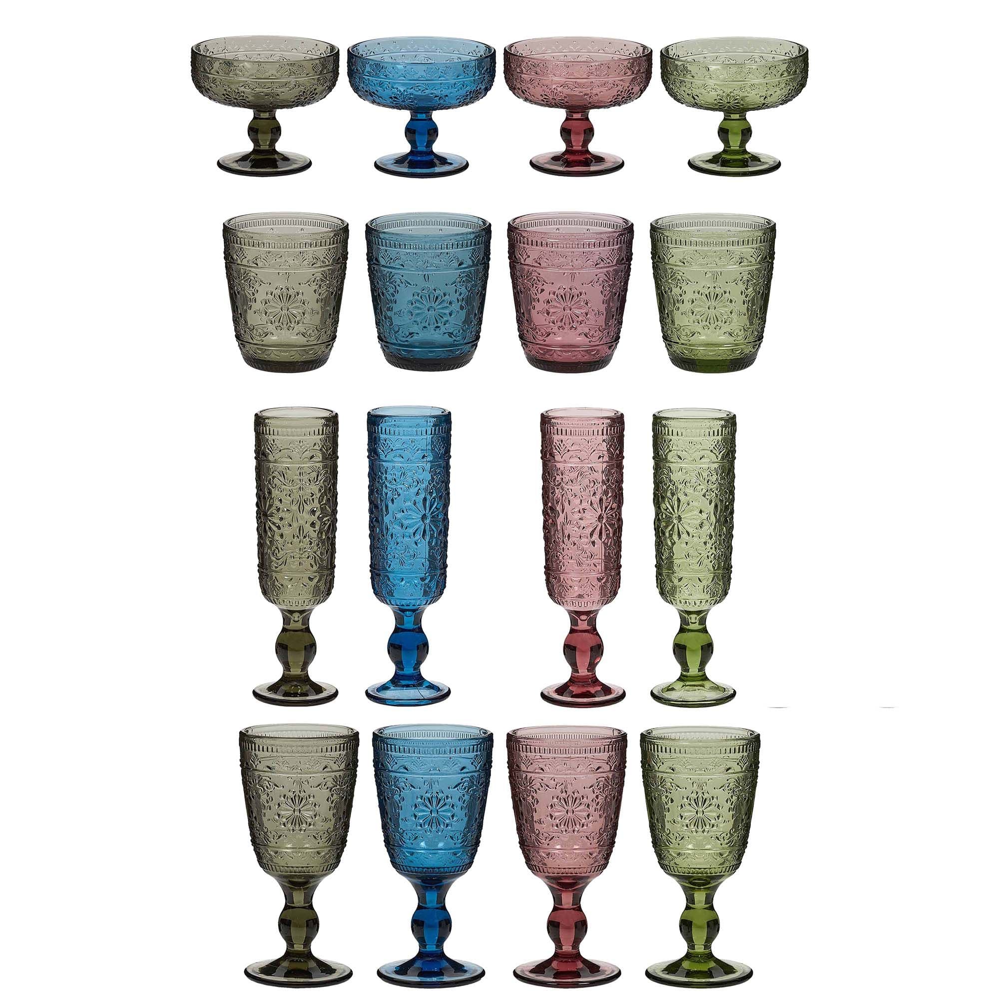 Set 6 Mix Match Embossed Coloured Drinking Glass Tumblers