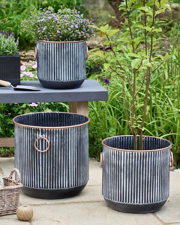 Set 3 Copper Ribbed Flower Plant Pots Outdoor Garden Planters