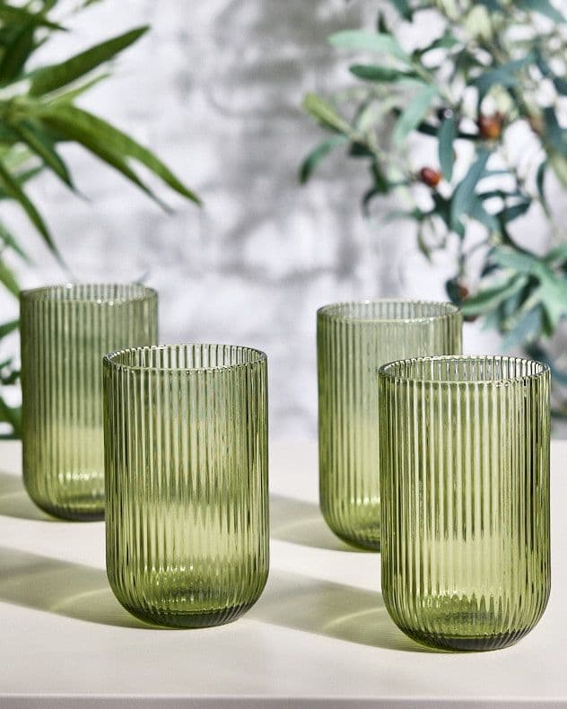 Set 4 Vintage Luxury Ribbed Highball Drinking Glass Tumblers