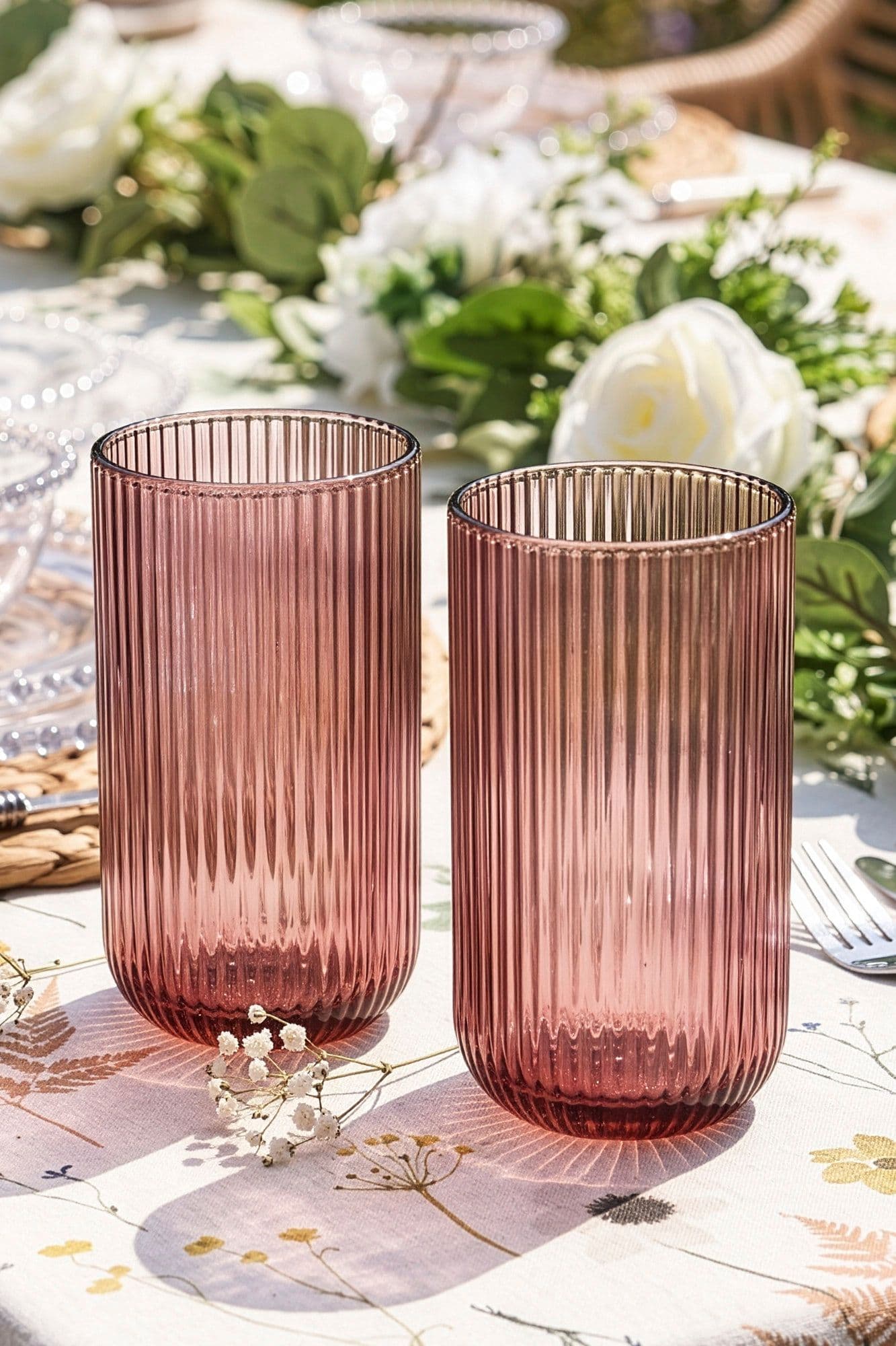 Set 2 Vintage Luxury Ribbed Tall Drinking Glass Whisky Glass Tumbers