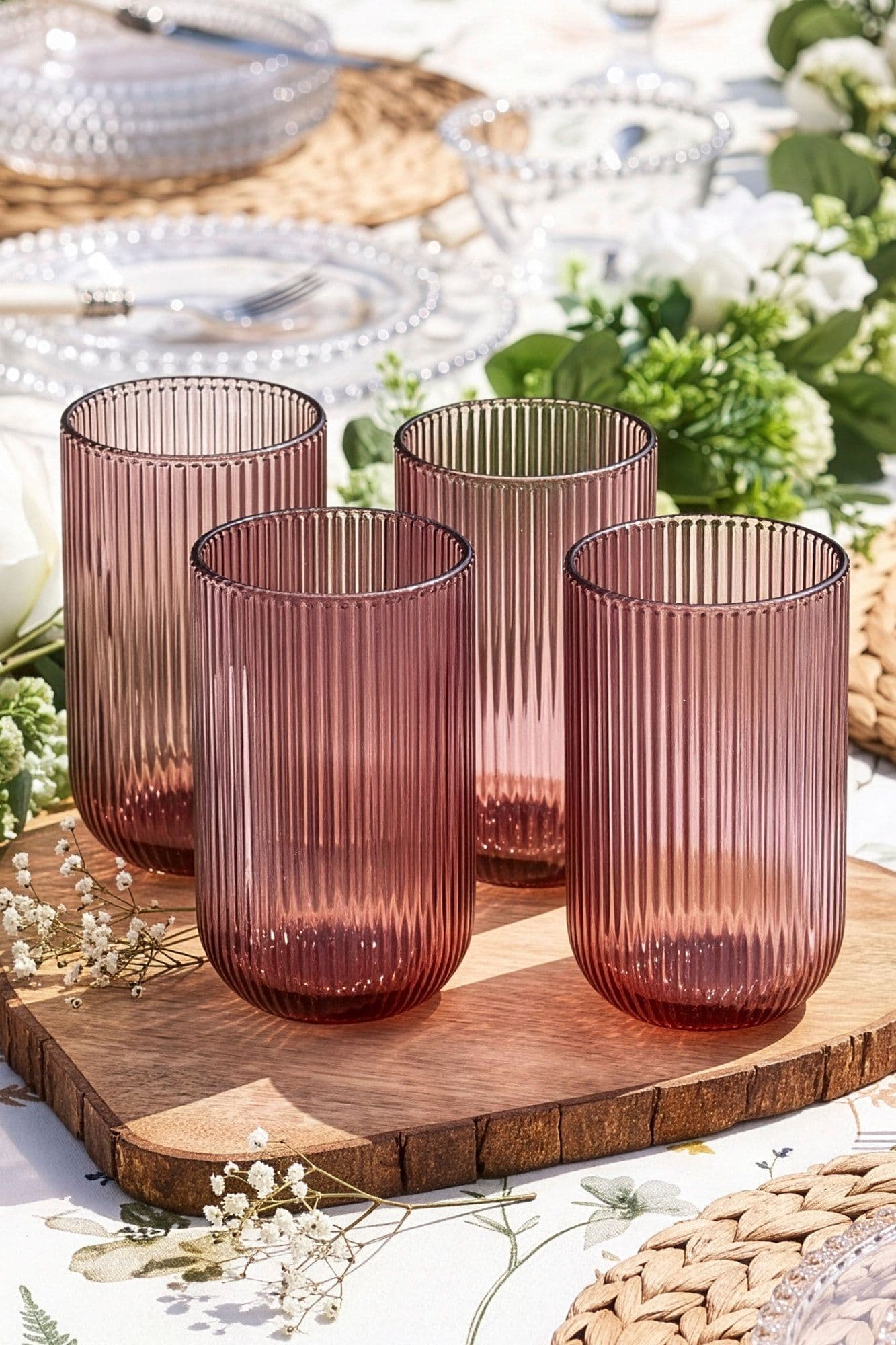 Set 4 Vintage Luxury Ribbed Tall Drinking Glass Whisky Glass Tumbers