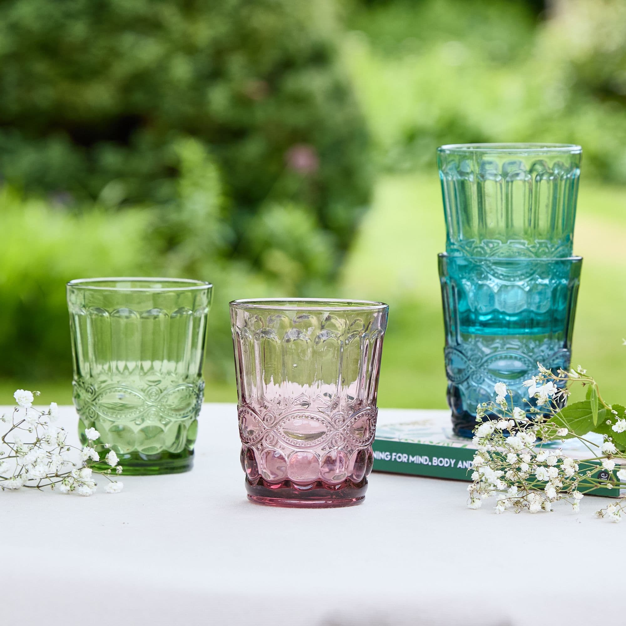 Set 4 Mix Match Embossed Coloured Glasses Tumblers Wedding Decor Ideas