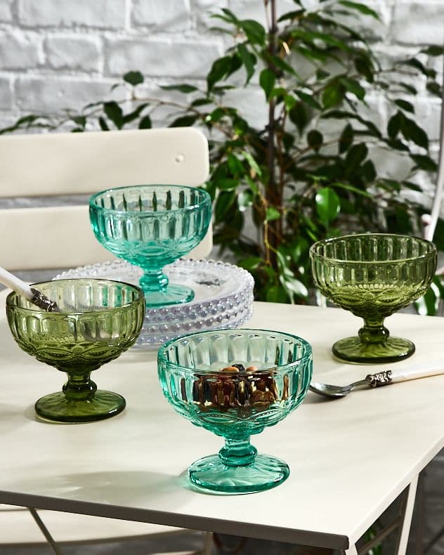 Set 4 Vintage Green & Turquoise Glass Trifle Bowl Dessert Bowls